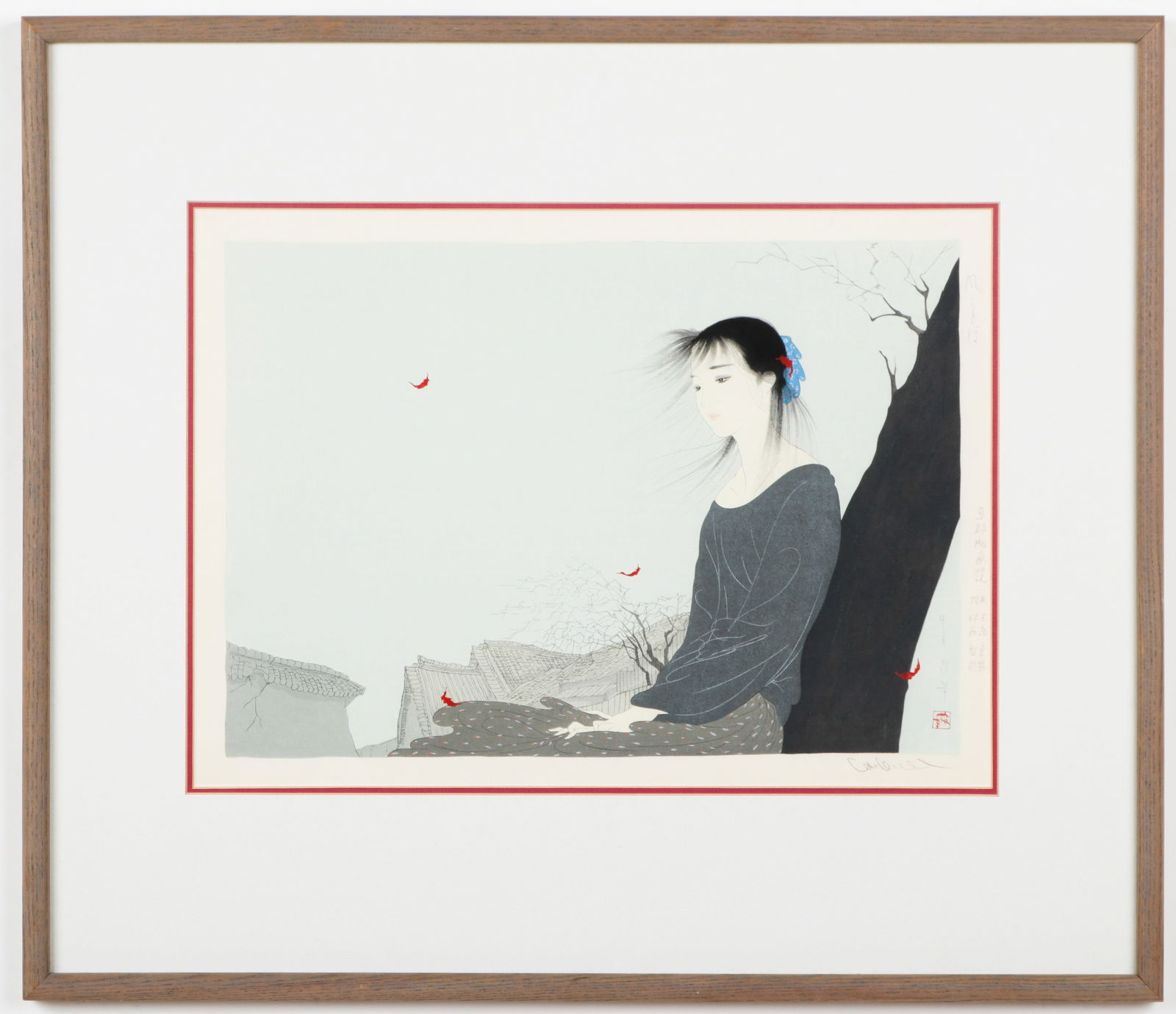 Kiyoshi Nakajima (Japanese, b. 1943) Woodblock Print, 12" x 17": Kiyoshi Nakajima (Japanese, b. 1943) Color Woodblock Print. Signed in pencil, with red artist seal. Gilbert Luber Gallery, Philadelphia label affixed verso. Size: 12'' x 17'', 30 x 43 cm (image); 22.2