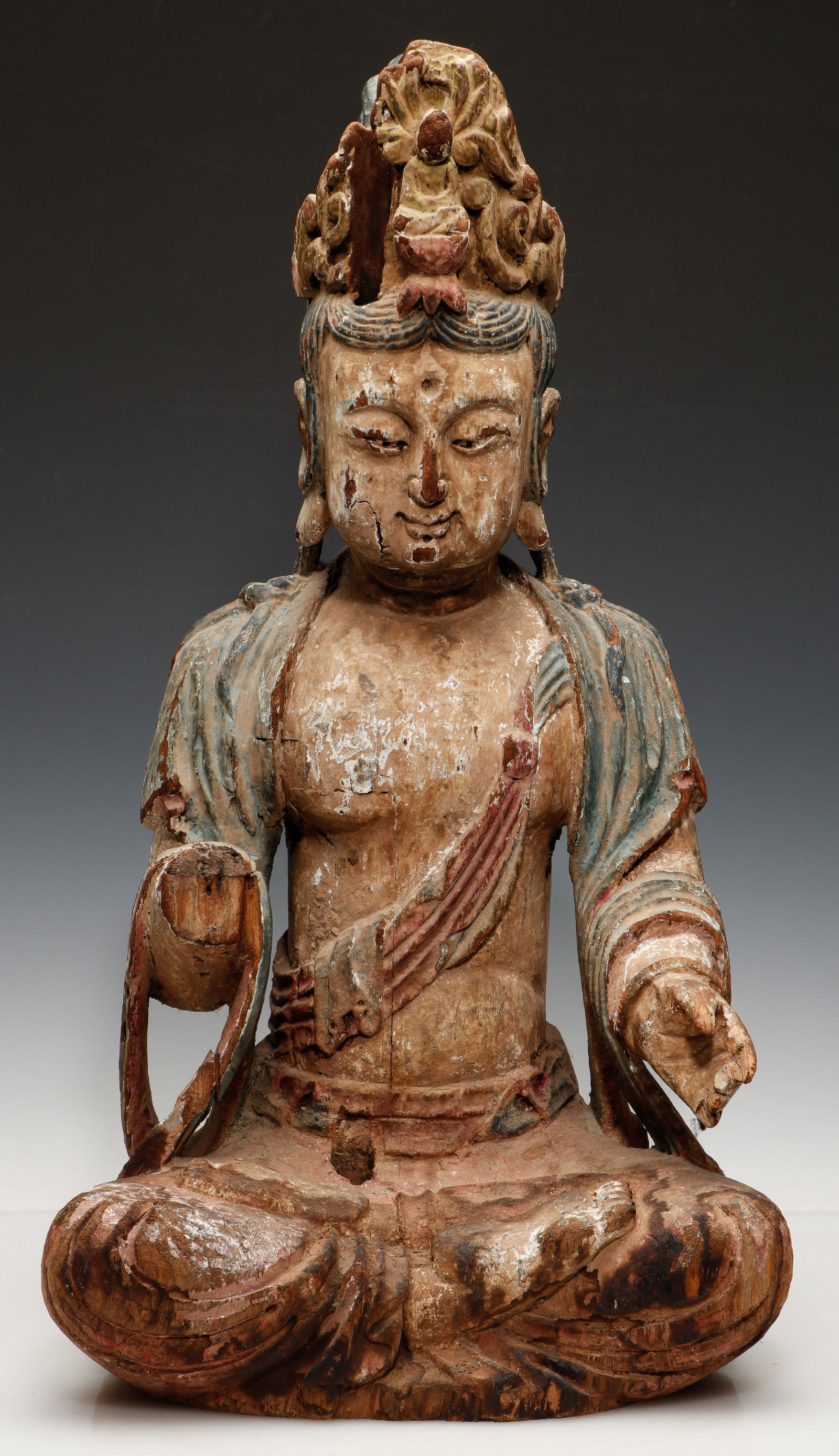 Ming Style Polychrome Wood Figure of Guanyin, H: 25" (1 of 6)