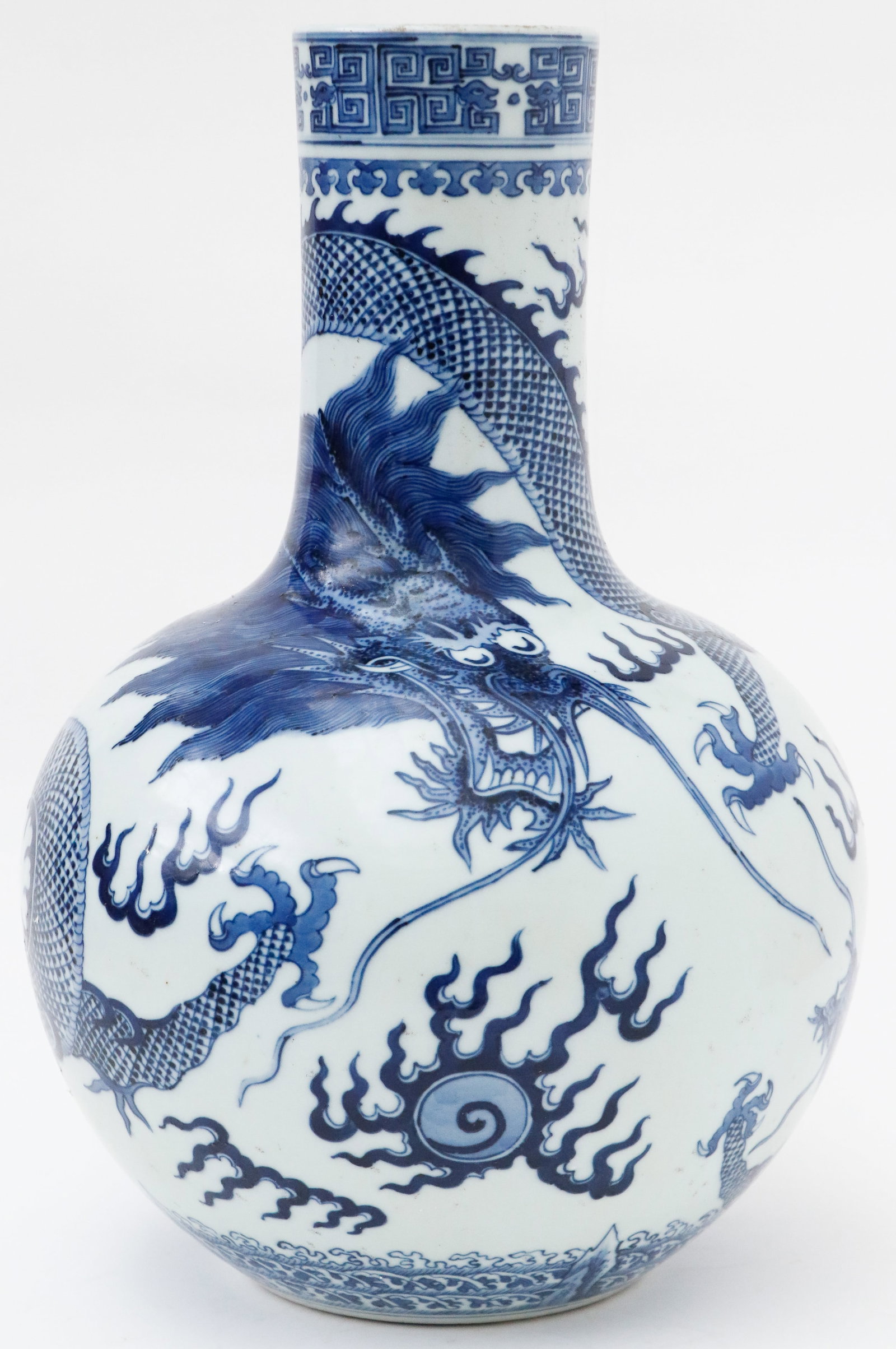 Chinese Blue And White Dragon Bottle Vase, H: 15.5" (1 of 7)