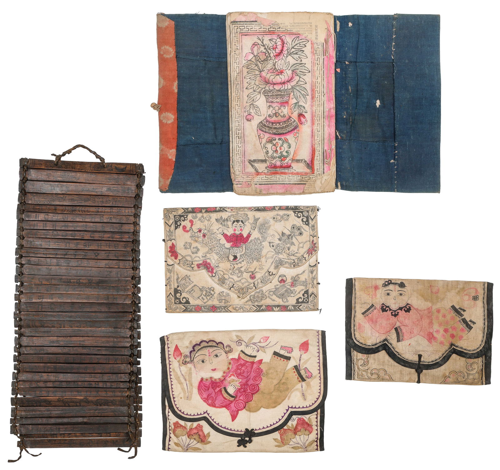 Collector's Lot Of 5 Chinese Purses And Books: Collector's Lot Of 5 Chinese Purses And Books. 1) Antique Chinese Book, thread-bound and wrapped in an indigo-dyed fabric cover. Size: 13.5'' x 8'' (34 x 20 cm). 2) Chinese Bamboo Strip Book. Text wri