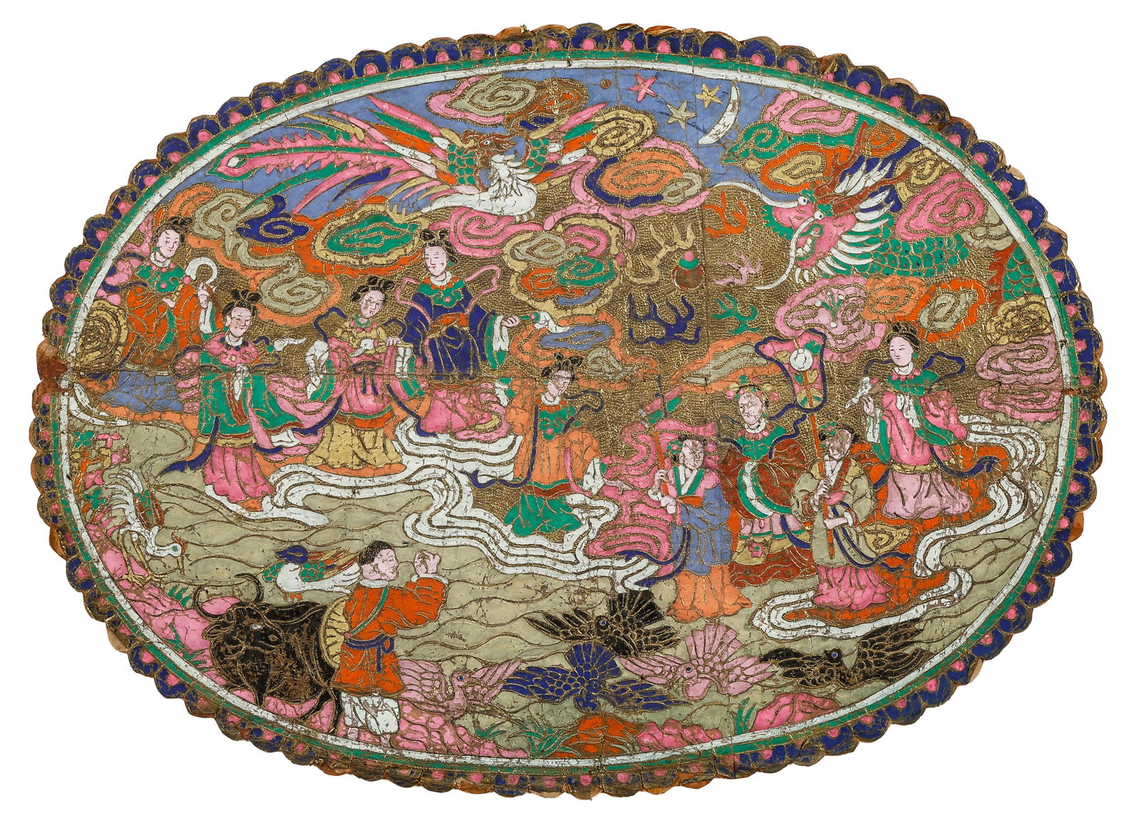 Chinese Textile Roundel: Chinese Textile Roundel. On Mat. Size: 13'' x 18'', 33 x 46 cm (image); 14.75'' x 20'', 37 x 51 cm (mat).