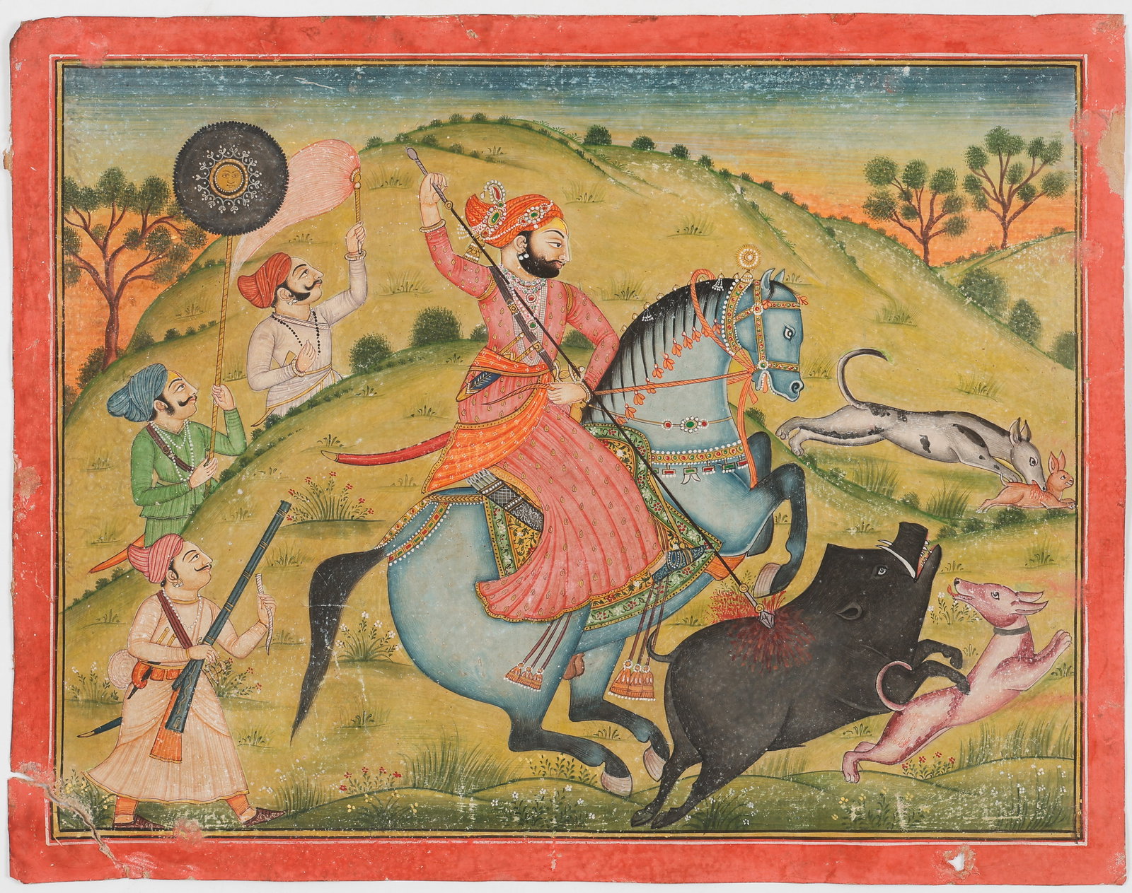 Mughal Miniature Painting Hunting Scene, Opaque Watercolor, 10" x 14": Antique Mughal Miniature Painting. Maharaja Dip Singh of Kaparan (Kapren) Hunting Boar, ink, opaque watercolor paper. Unframed. Size: 10'' x 14'', 27 x 36 cm (image); 12.25'' x 15.5'', 31 x 39 cm (she
