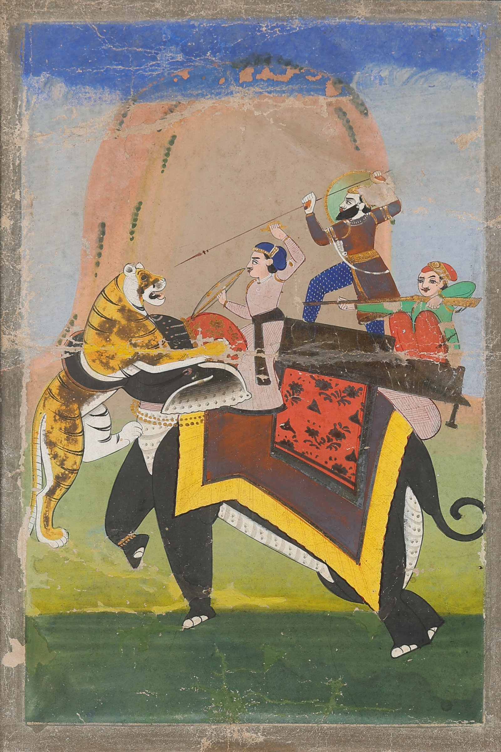 Mughal Miniature Painting Hunting Scene, Opaque Watercolor, 7" x 5": Mughal Miniature Painting Hunting Scene. Opaque watercolor. Size: 7.25'' x 4.75'', 18 x 12 cm (image); 11'' x 8'', 28 x 20 cm (mat).