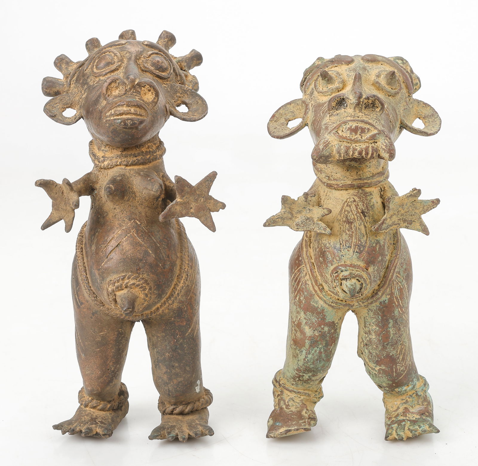 2 Bamileke Bronze Tribal Figures, Cameroon, H: 9", 10" (1 of 5)