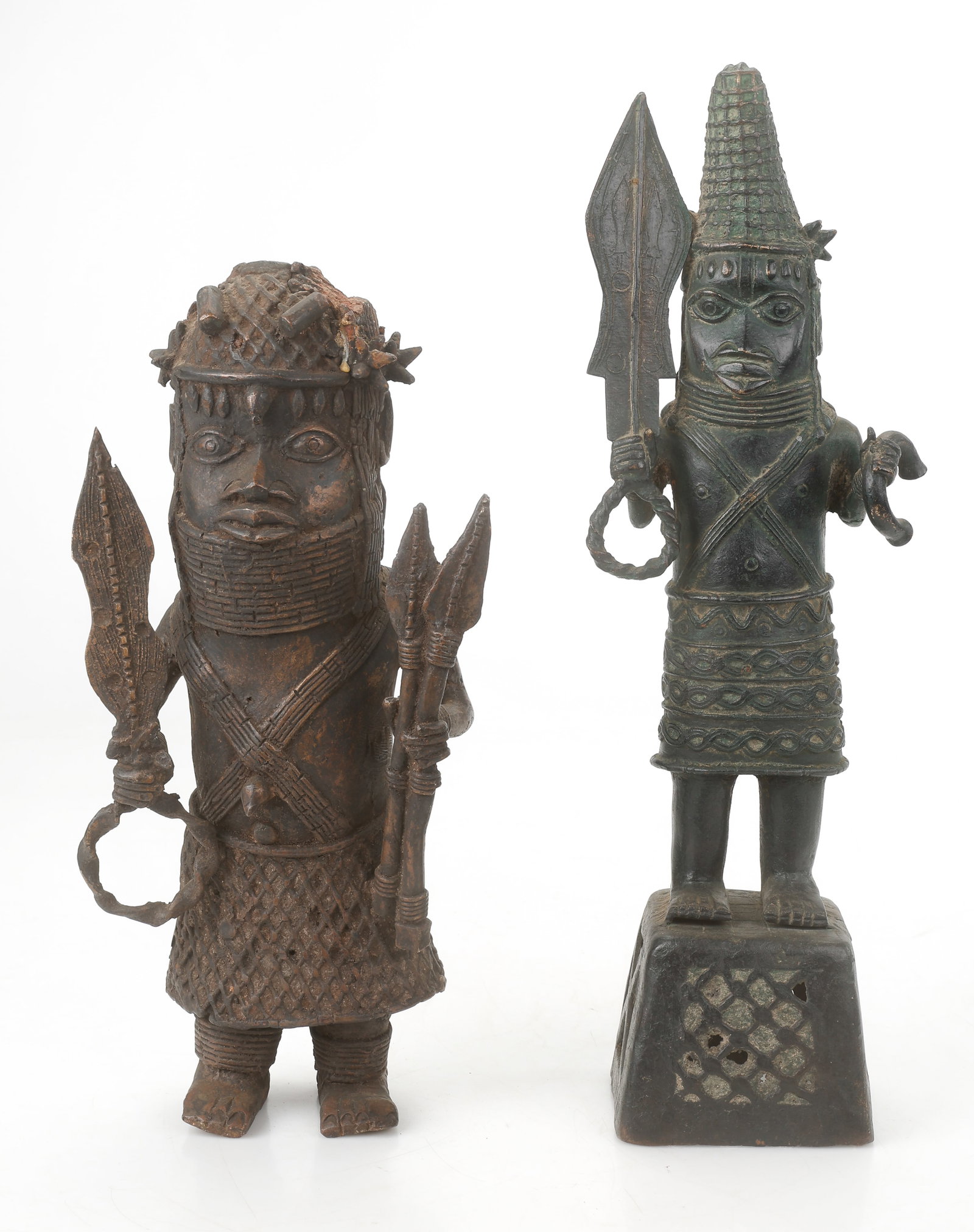 2 Benin Warrior Bronze Sculptures, Nigeria, H: 15", 19" (1 of 5)