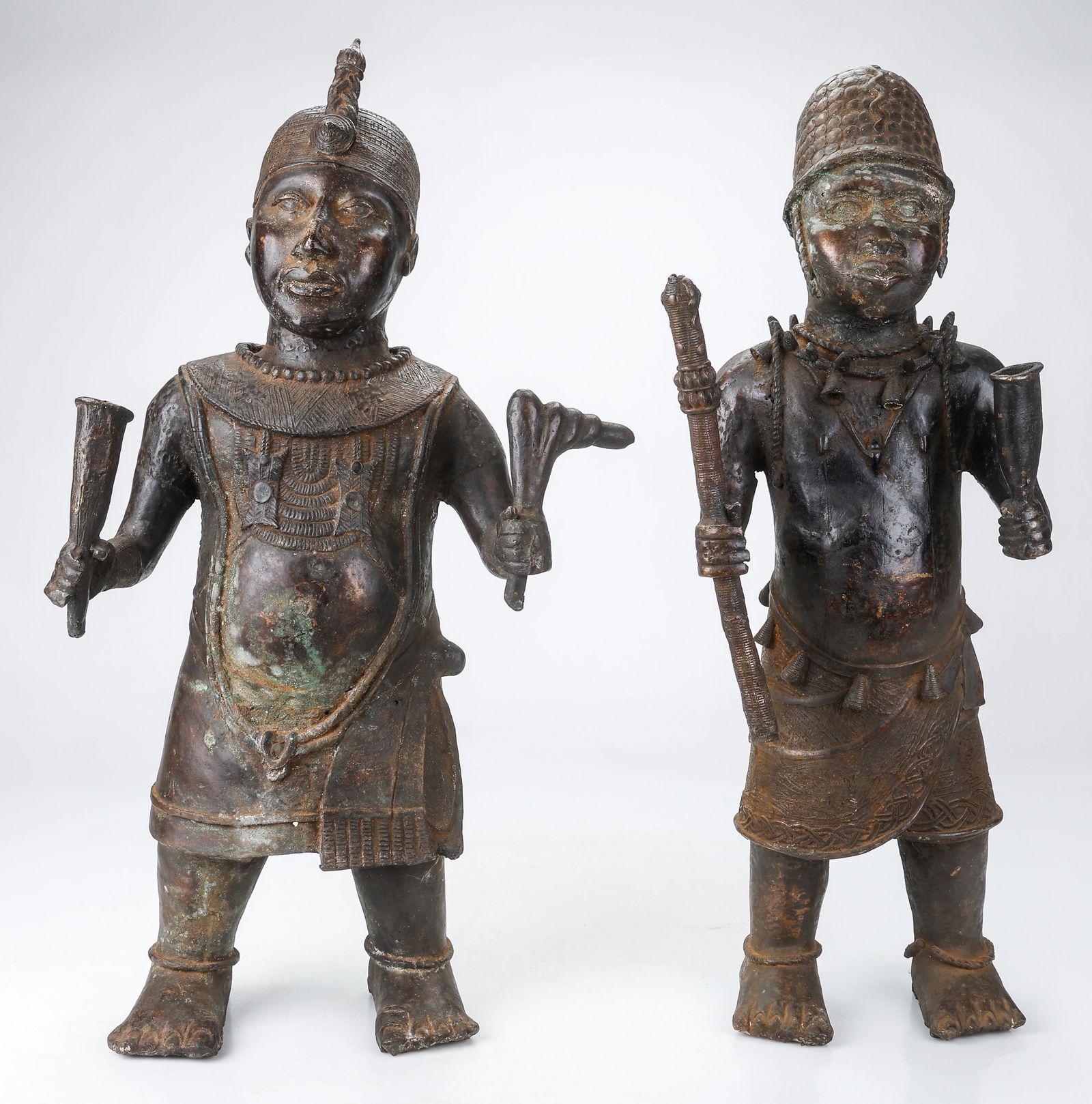 2 Benin Bronze Warrior Figures, H: 33", 34" (1 of 5)