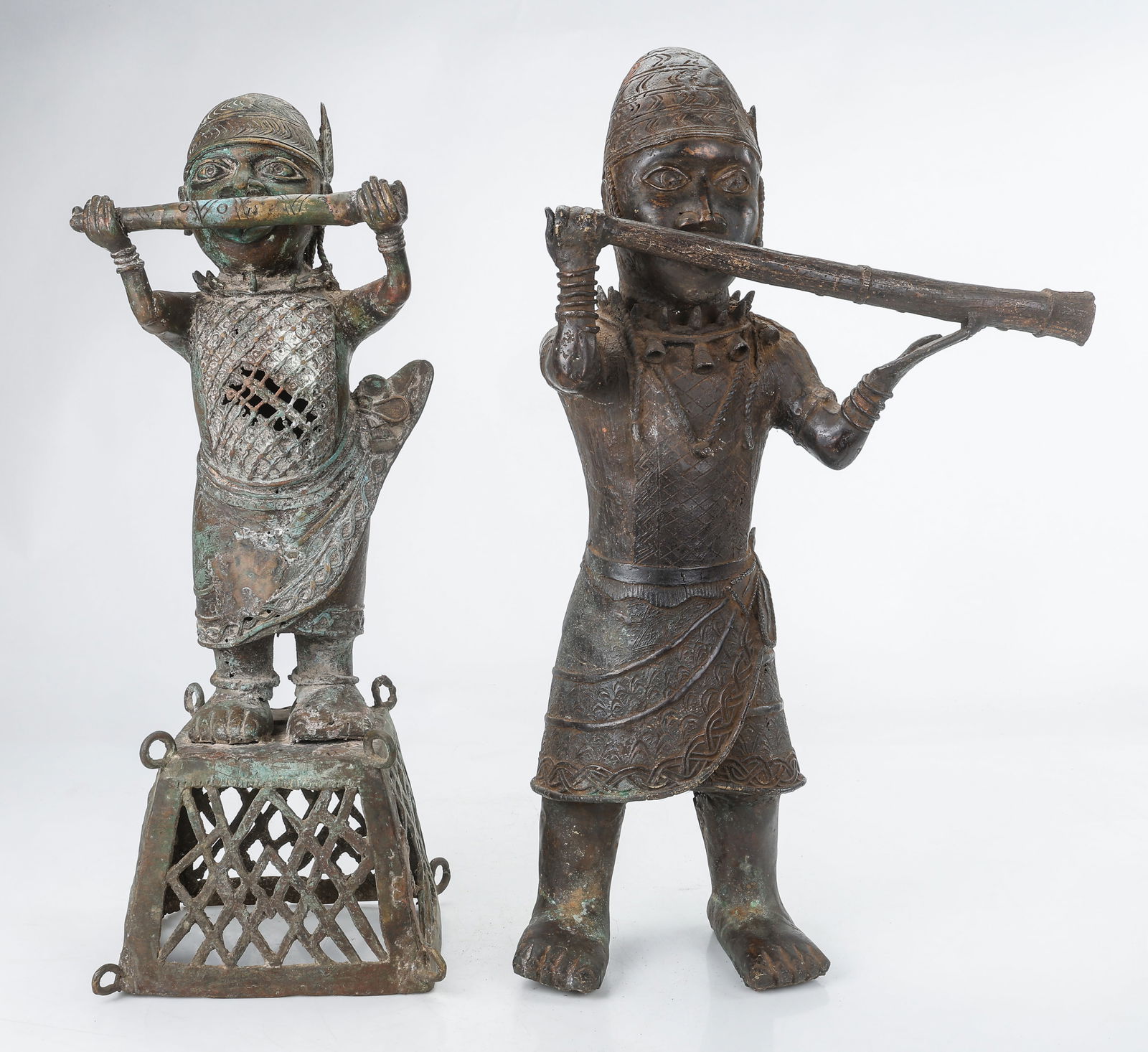2 Benin Bronze Court Musician Messenger Figures, H: 31", 33" (1 of 5)