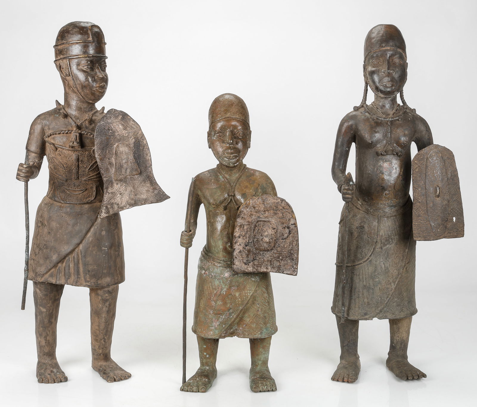 3 Benin Bronze Soldier Figures, H: 31"-39" (1 of 5)