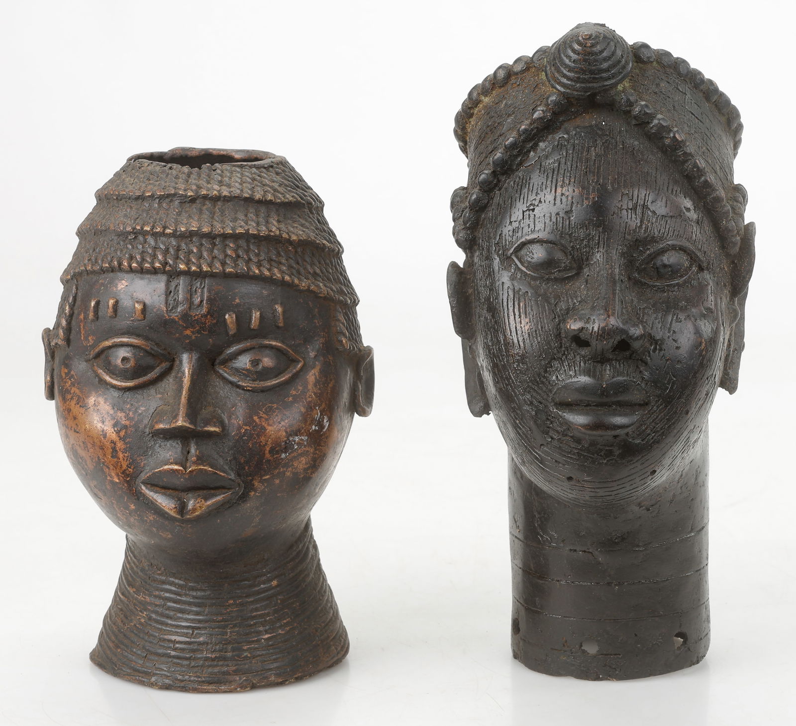2 Benin Bronze Head Sculptures, Nigeria, H: 9" 12" (1 of 6)