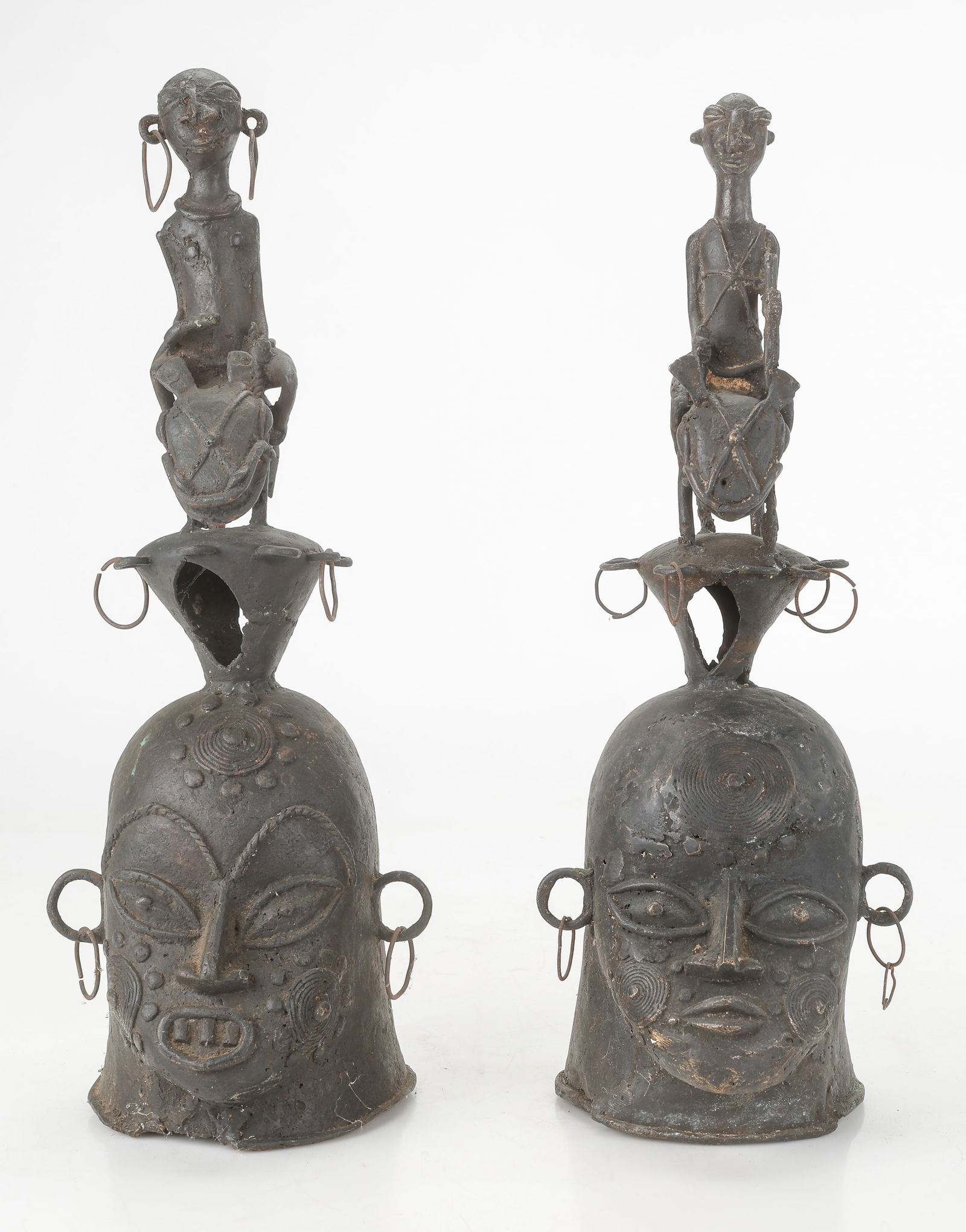 2 Benin Bronze Helmet Masks Surmounted By A Figure On a Platform, H: 22", 23" (1 of 5)