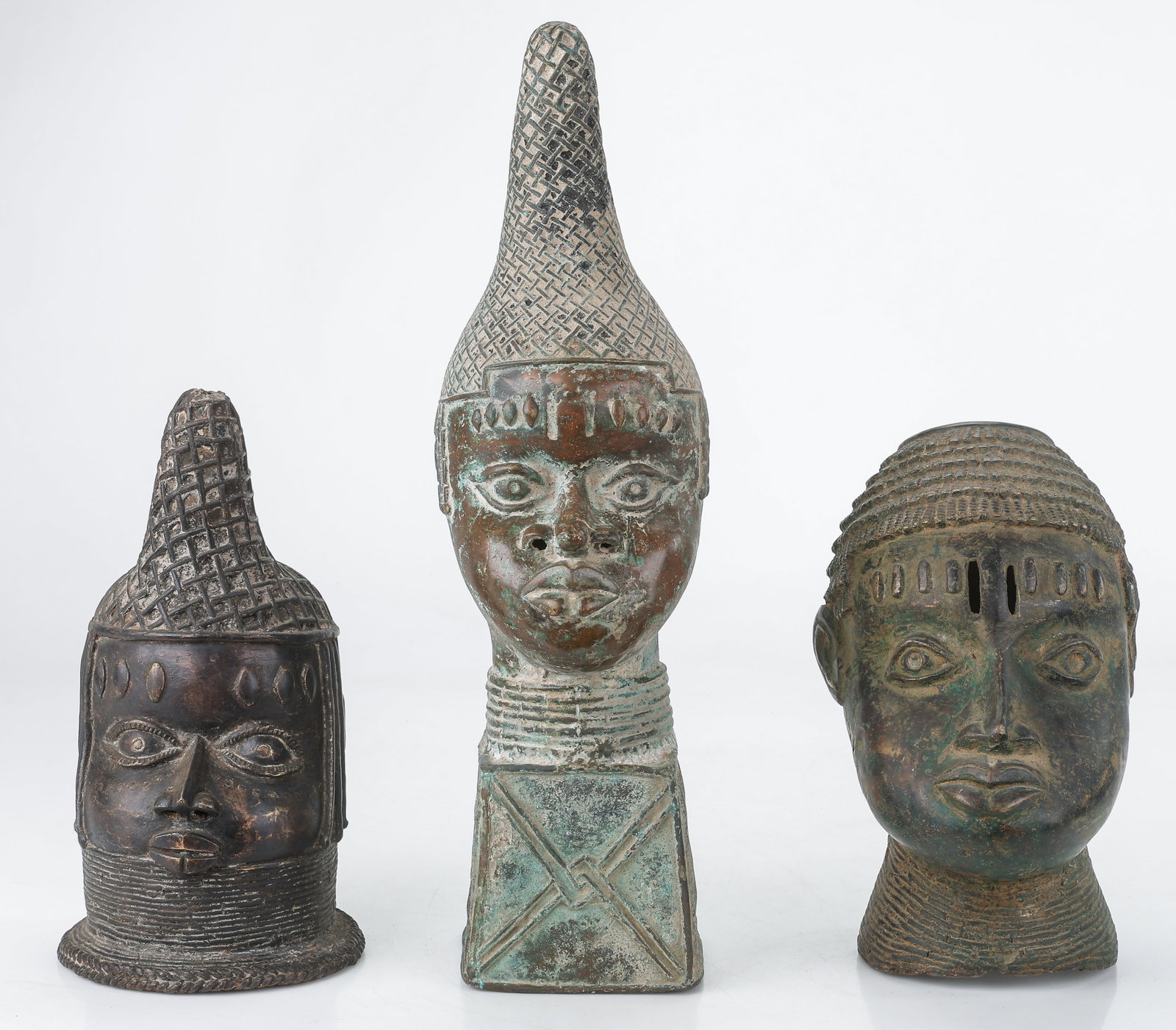 3 Benin Bronze Heads of Queen Mother, Nigeria Africa, H: 15"-24" (1 of 5)