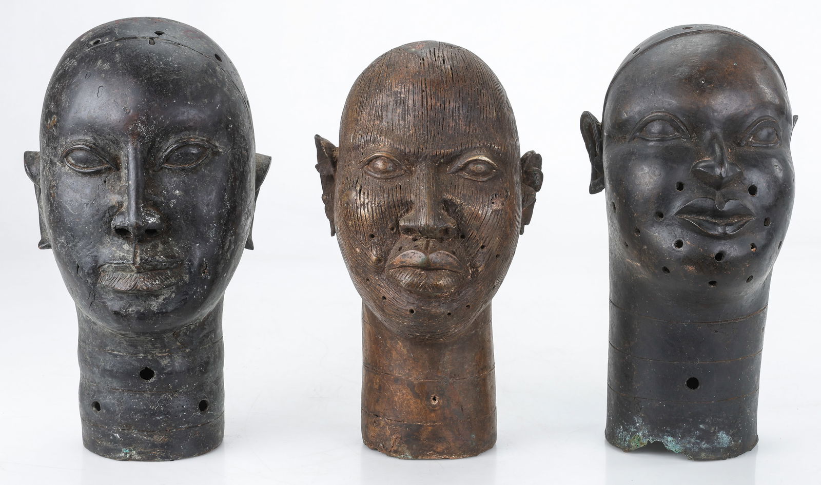 Group Of 3 Benin Bronze Ife Heads, Africa, H: 16" (1 of 5)