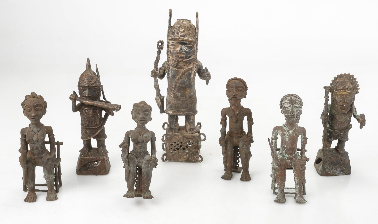7 Benin Bronzes of Warriors And Court Officials, Nigeria, H: 7" - 12" (1 of 7)