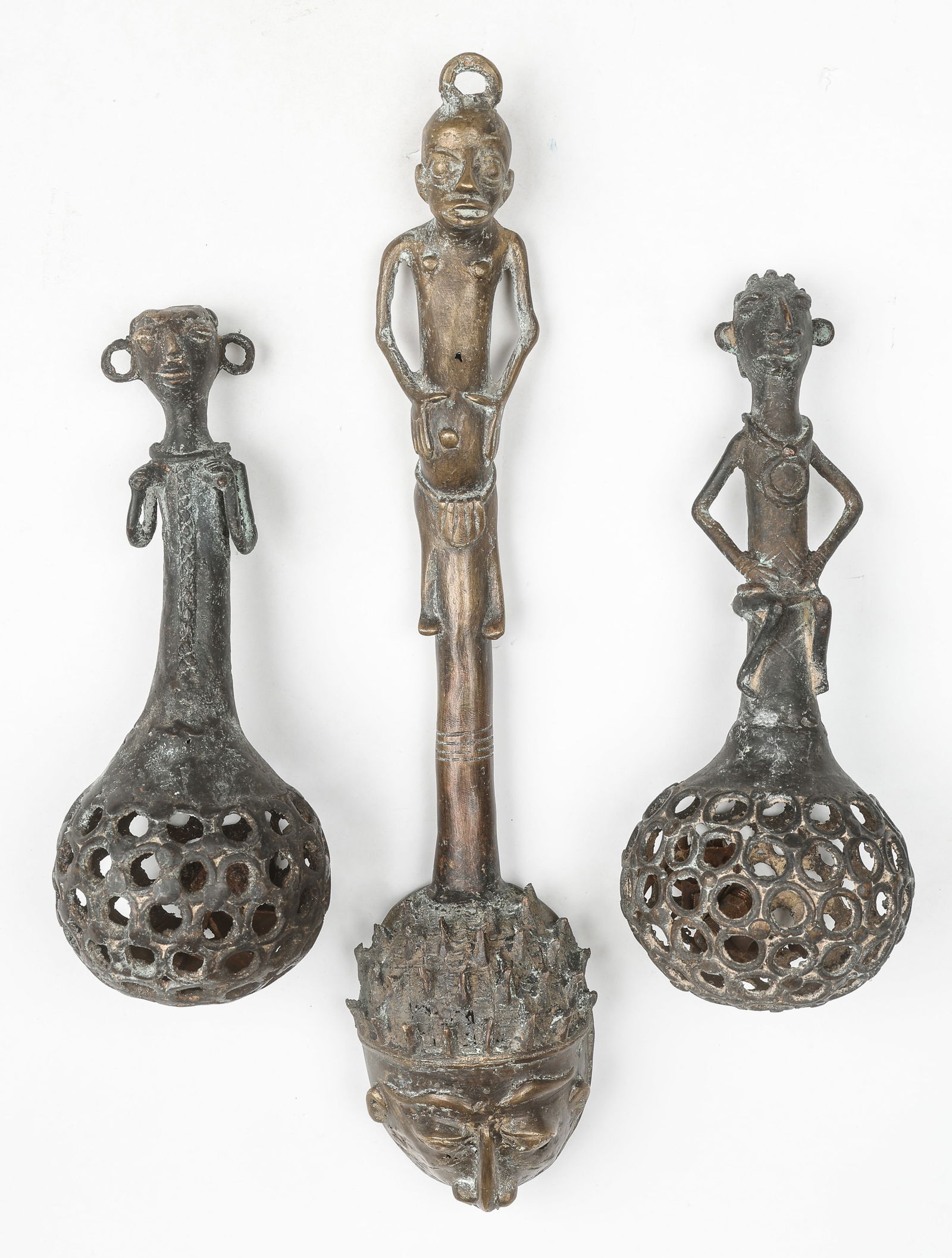 3 African Bronze Objects, H: 12" - 21" (1 of 4)