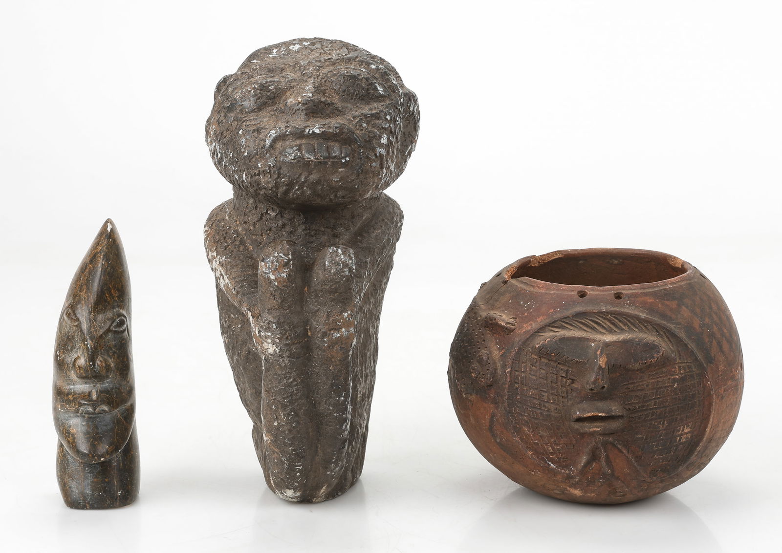 3 African Items: 3 African Items Including: A Terracotta bowl, A Stone Carving of a crouching man, and Carved Stone that is signed: "Rodwel," Shona People of South Africa. Sizes From: 7'' x 2'' x 3'' (18 x 5 x 8 cm);