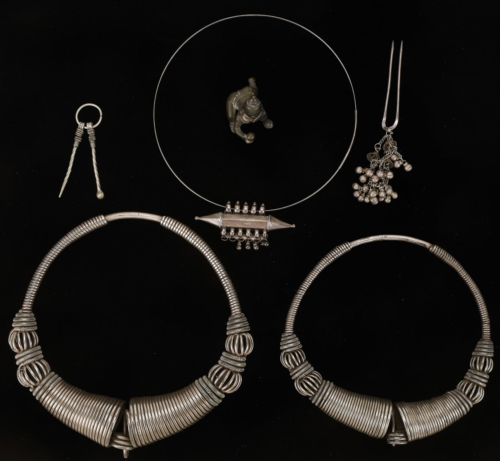 Collector's Lot of Indian Jewelry and Metals (6 Pieces): Collector's Lot of Indian Jewelry and Metals (6 Pieces). Two vadlo style torques, one small bronze of Bala Krishna (baby Krishna as the butter thief), a pendant torque, a hair ornament, and a small or