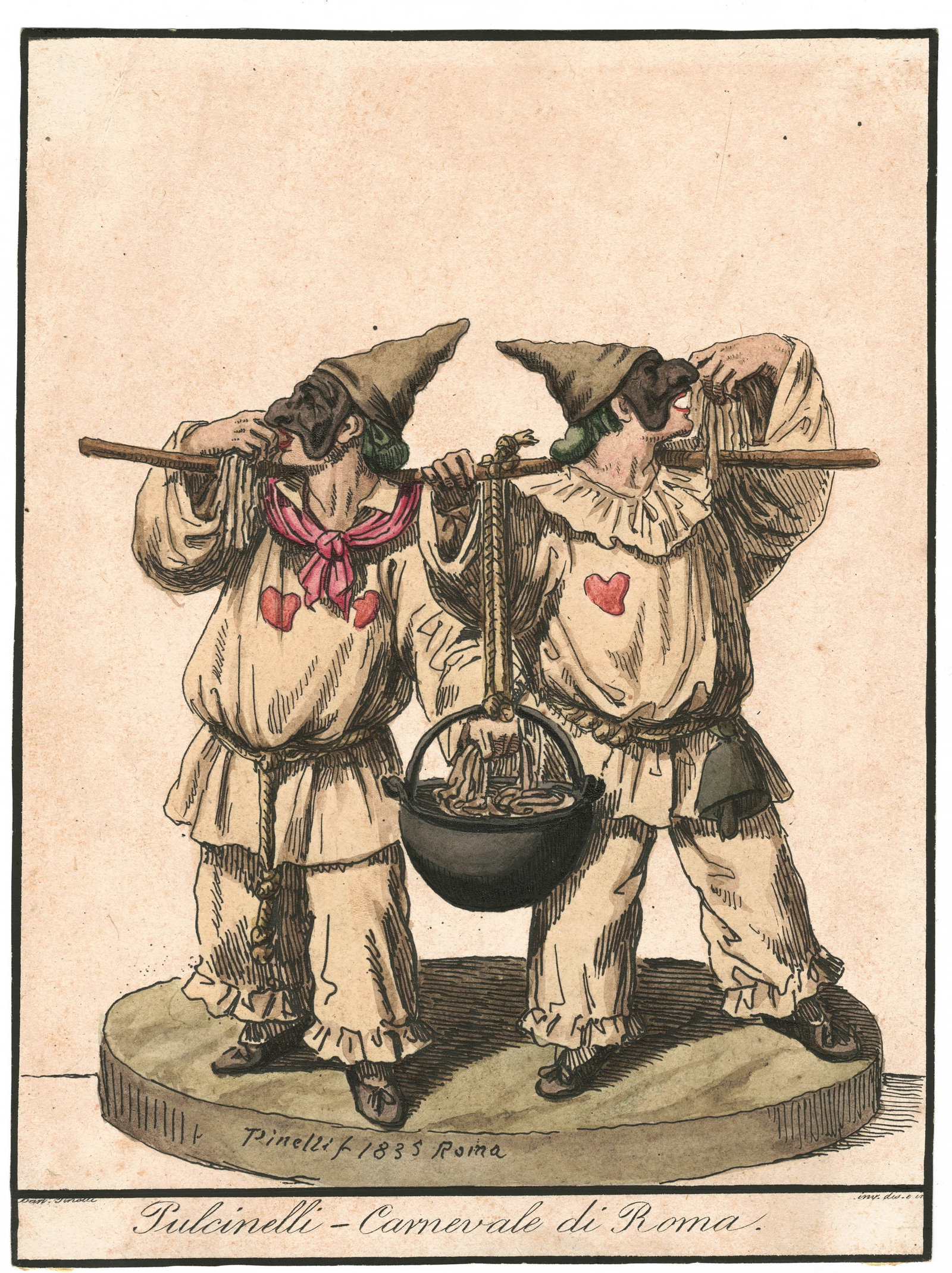 Bartolomeo Pinelli (Italian, 1781-1835) Rare Early Roman Carnival Engraving, 8" x 6": Bartolomeo Pinelli (Italian, 1781-1835) Rare Early Roman Carnival Engraving "Pulcinelli - Carnevale di Roma," hand-colored engraving, 1835, signed and dated in the plate. Unframed. Commedia dell'arte