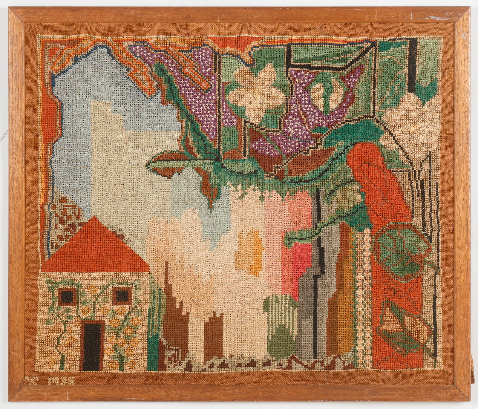 Frances Arno Saphro (Ukrainian, 1877-1962) Art Deco Needlepoint Tapestry, 1935: Frances Arno Saphro (Ukrainian, 1877-1962) Art Deco Surrealist Needlepoint Tapestry, 1935. Silk floss on burlap. Initialed FS and dated 1935 in lower left corner. Image: 3'2'' x 2'8'' (97 x 81 cm). Ar