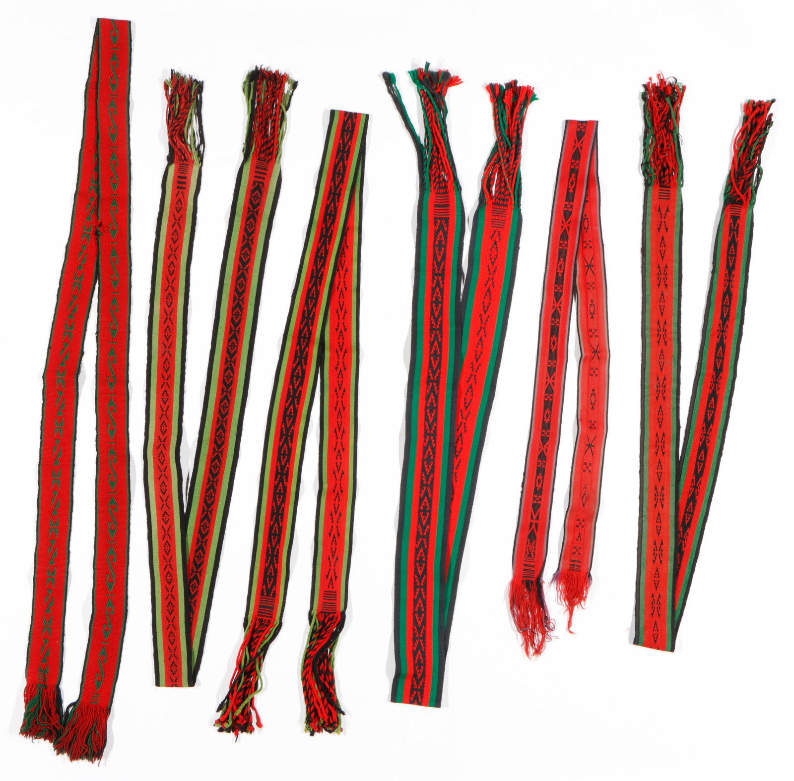 Six Pueblo Sashes, Mid 20th C.: Six Pueblo Sashes, Mid 20th C. Wool. Ranging in size from: 6'6'' x 0'3'' (198 x 8 cm) to 9'8'' x 0'3'' (295 x 8 cm)