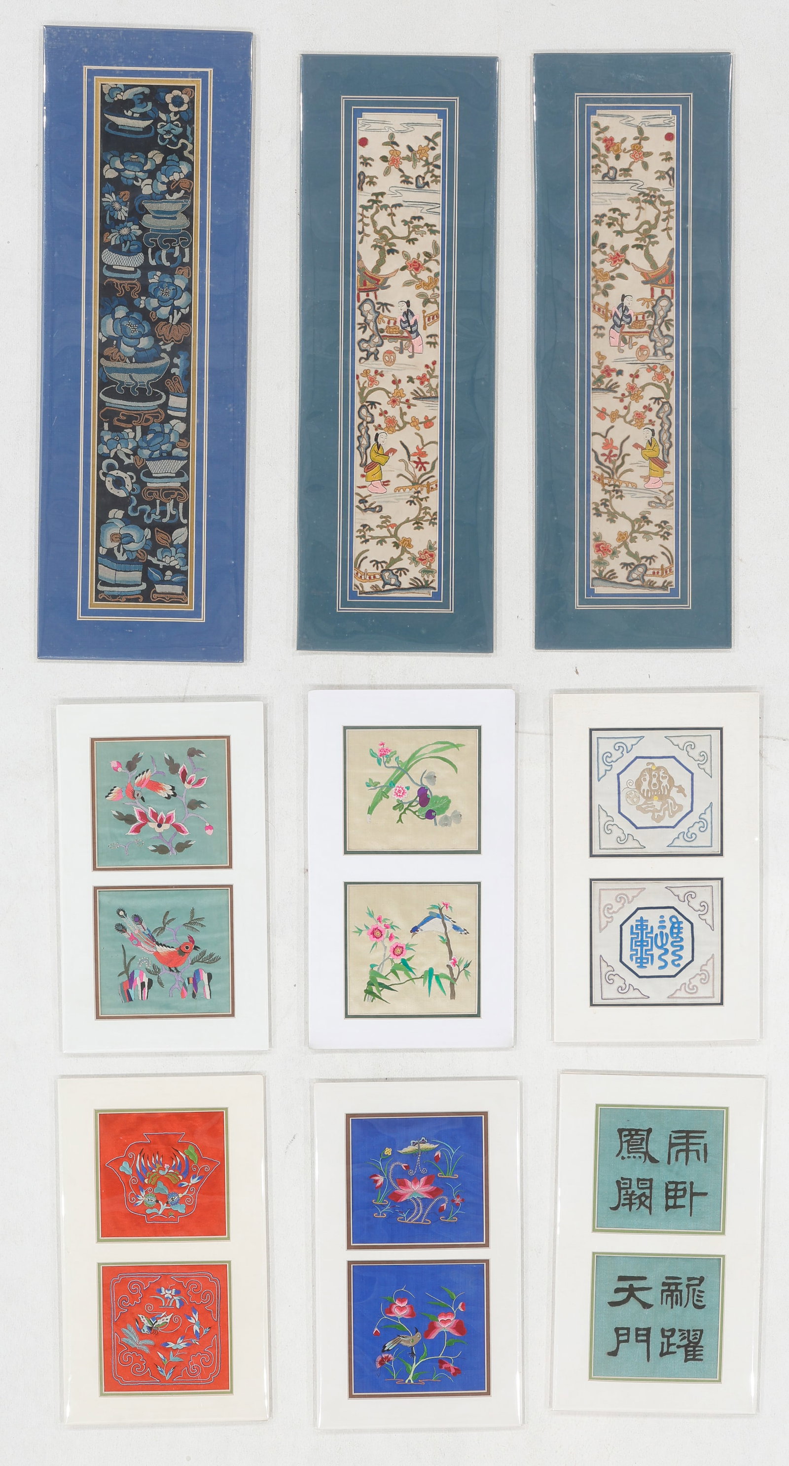 Chinese Silk Embroidered Sleeve Bands and Pillow End Panels: Chinese Silk Embroidered Sleeve Bands and Pillow End Panels. Silk embroidery on silk. Mats Sizes From: 0'8'' x 1'1'' (20 x 33 cm); To: 0'8'' x 2'0'' (20 x 61 cm). Provenance: Collection of Brooke and