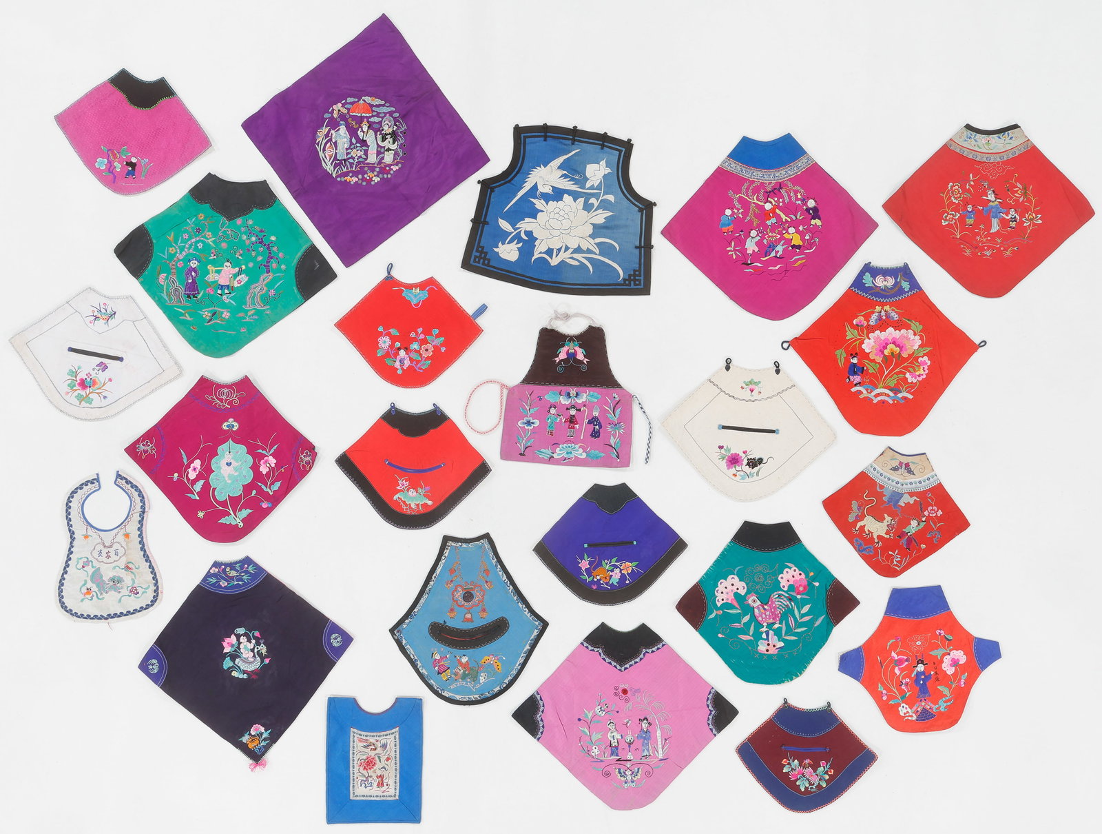 Chinese Silk Embroidered Children's Doudou Textiles, Early/Mid 20th C.: Chinese Silk Embroidered Children's Doudou Textiles, Early/Mid 20th C. 23 pieces. Silk embroidery on silk. Ranging in size from: 0'8'' x 0'10'' (20 x 25 cm) to 1'9'' x 1'8'' (53 x 51 cm). Provenance: