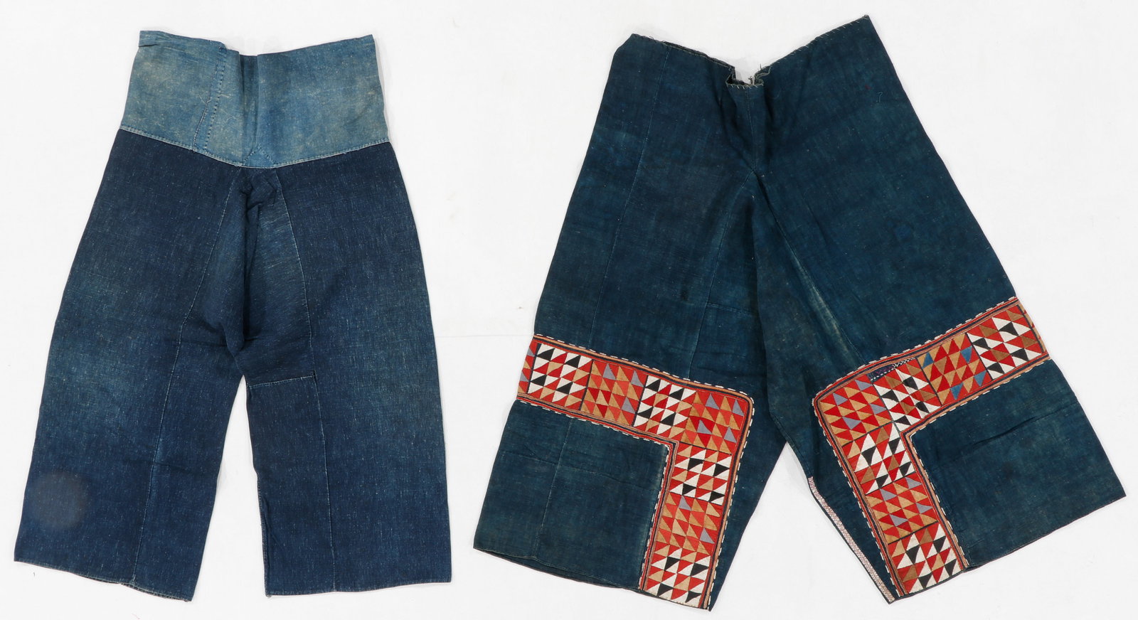 Chinese Ethnic Minority Embroidered and Indigo-Dyed Trousers: Chinese Ethnic Minority Embroidered and Indigo-Dyed Trousers. Cotton. Likely from the Yao. 1'9'' x 2'9'' (53 x 84 cm); 1'5'' x 2'10'' (43 x 86 cm). From the Nina Sidley Collection of International Tex