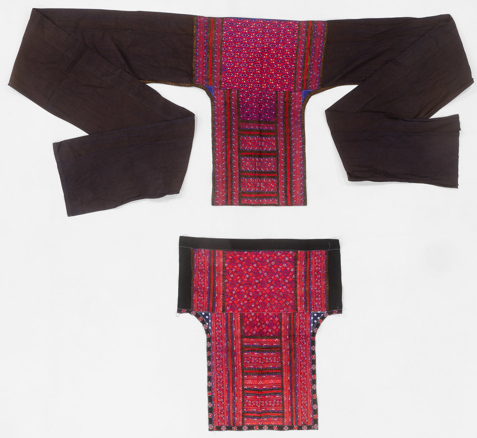 Two Miao Embroidered Baby Carrier Textiles, Guizhou, China: Two Miao Embroidered Baby Carrier Textiles, Guizhou, China. Cotton. 2'3'' x 2'7'' (69 x 79 cm); 16'0'' x 2'8'' (488 x 81 cm). Provenance: Collection of Brooke and Dov Jaron, Philadelphia, PA.