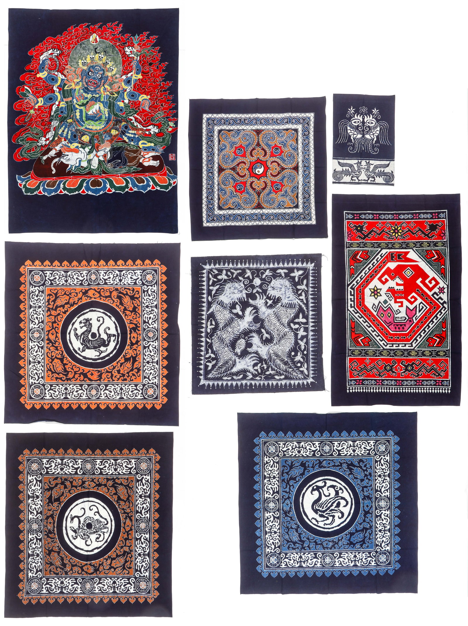 Eight Miao and Tibetan Batik Wall Hanging Textiles (1 of 8)