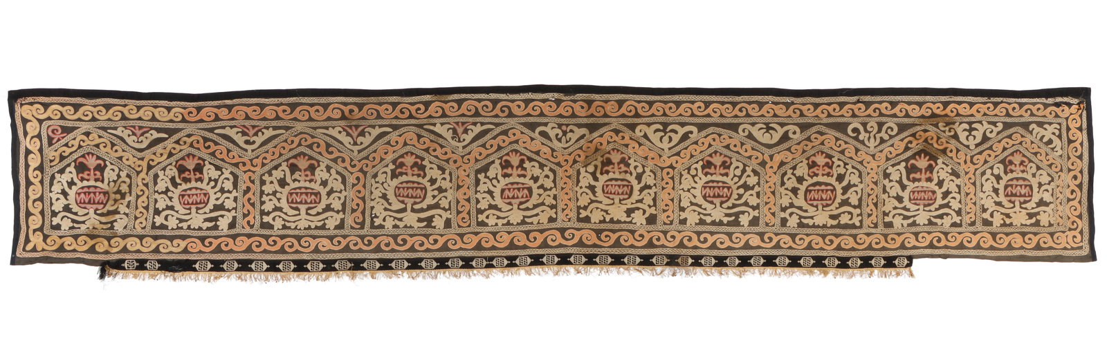 Large Uzbek Silk Embroidered Tent Decoration, C. 1900: Large Uzbek Silk Embroidered Tent Decoration, C. 1900. Size: 12'2'' x 2'0'' (371 x 61 cm).
