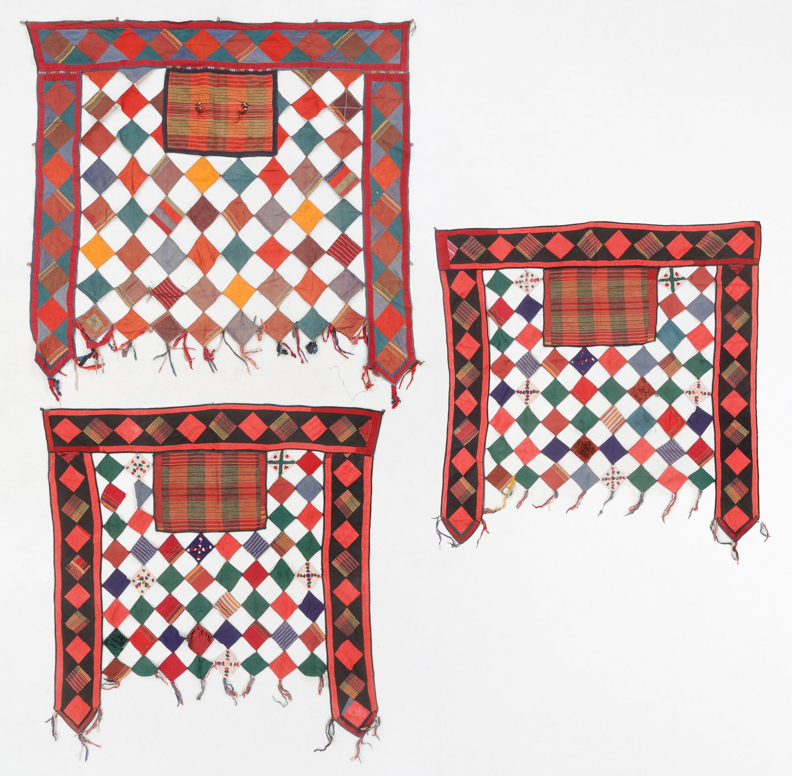 3 Patchwork Tent Hangings, Turkmenistan, Late 19th C.: 3 Patchwork Tent Hangings, Turkmenistan, Late 19th C. Silk and cotton with horse hair. Ranging in size from: 4'0'' x 3'11'' (122 x 119 cm) to 4'5'' x 4'4'' (135 x 132 cm)