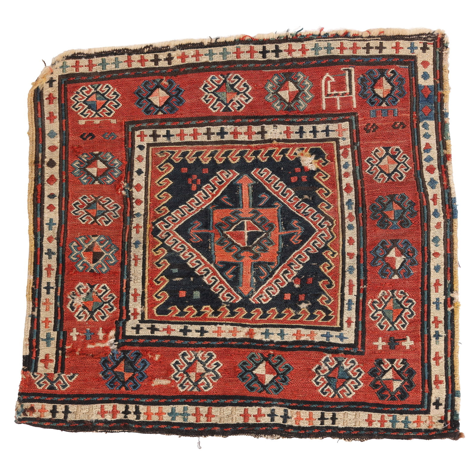 Sumak Khorjin Bagface, Caucasus, Ca. 1900, 1'9'' x 1'7'': Sumak Khorjin Bagface, Caucasus, Ca. 1900, 1'9'' x 1'7'' (53 x 48 cm). Weight: 1 lb. Wool.