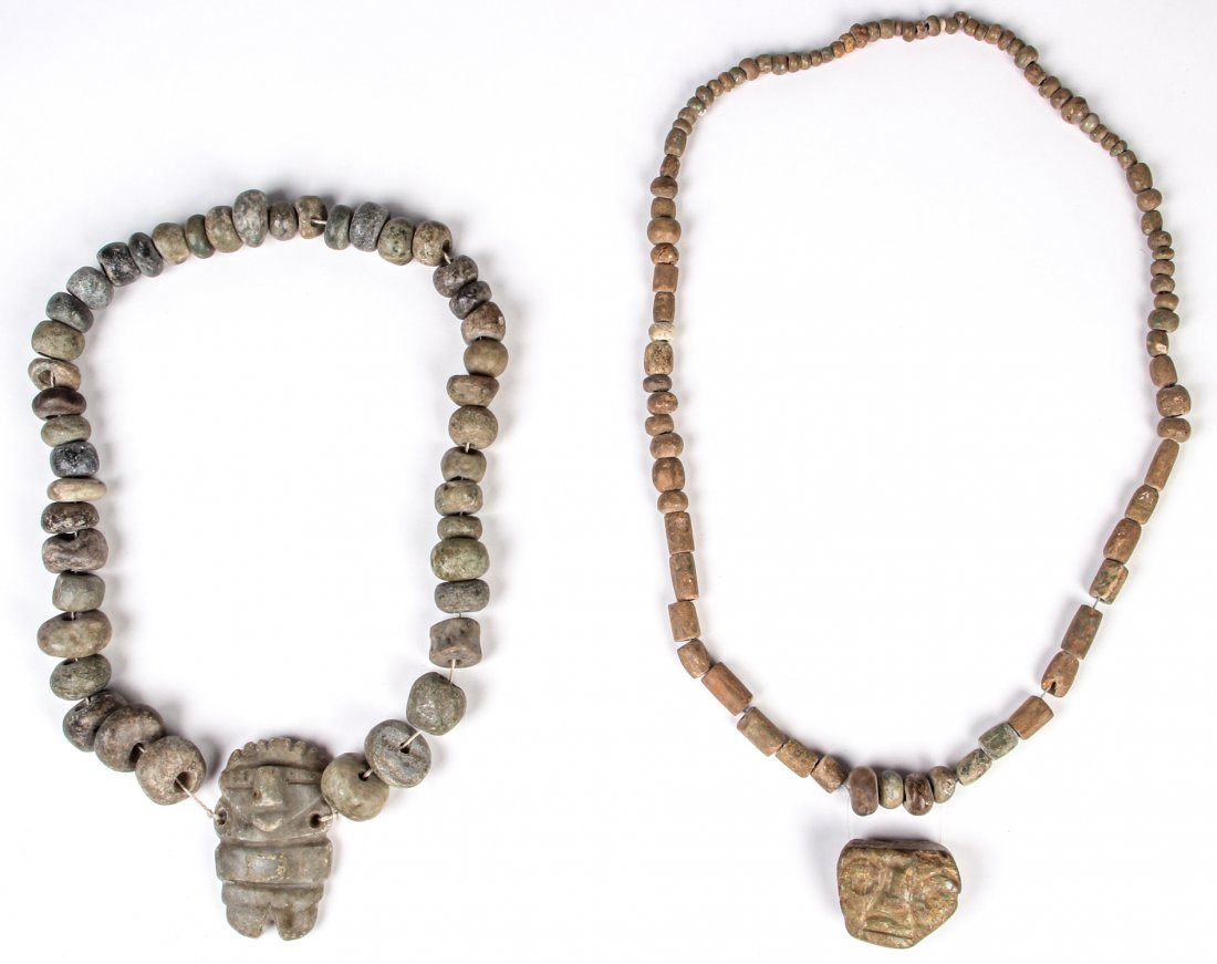 2 Pc Lot Pre-Colombian Necklaces: 2 Pc Lot Pre-Colombian Necklaces. Carved stones. Sizes: 14.5" and 18.25". Provenance: Max Garb, Chicago, Illinois.