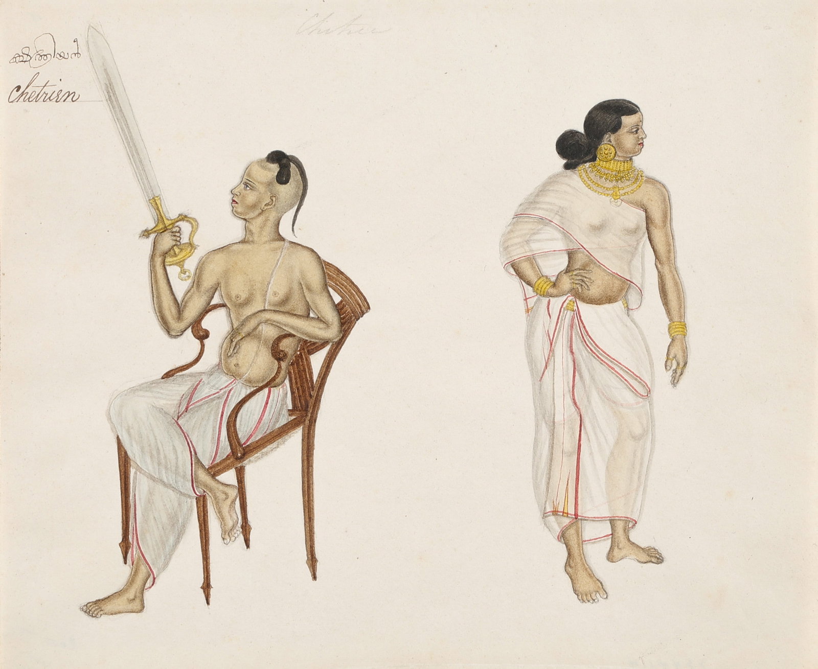 Indian Company School Painting Of Merchant/ Warriors "Chetrisn," South India (Malabar), Early-Mid: Indian Company School Painting Of Merchant/ Warriors "Chetrisn," South India (Malabar), Early-Mid 19th C. Trades and Occupations of India. Opaque watercolor on paper, titled in Tamil and English. On m