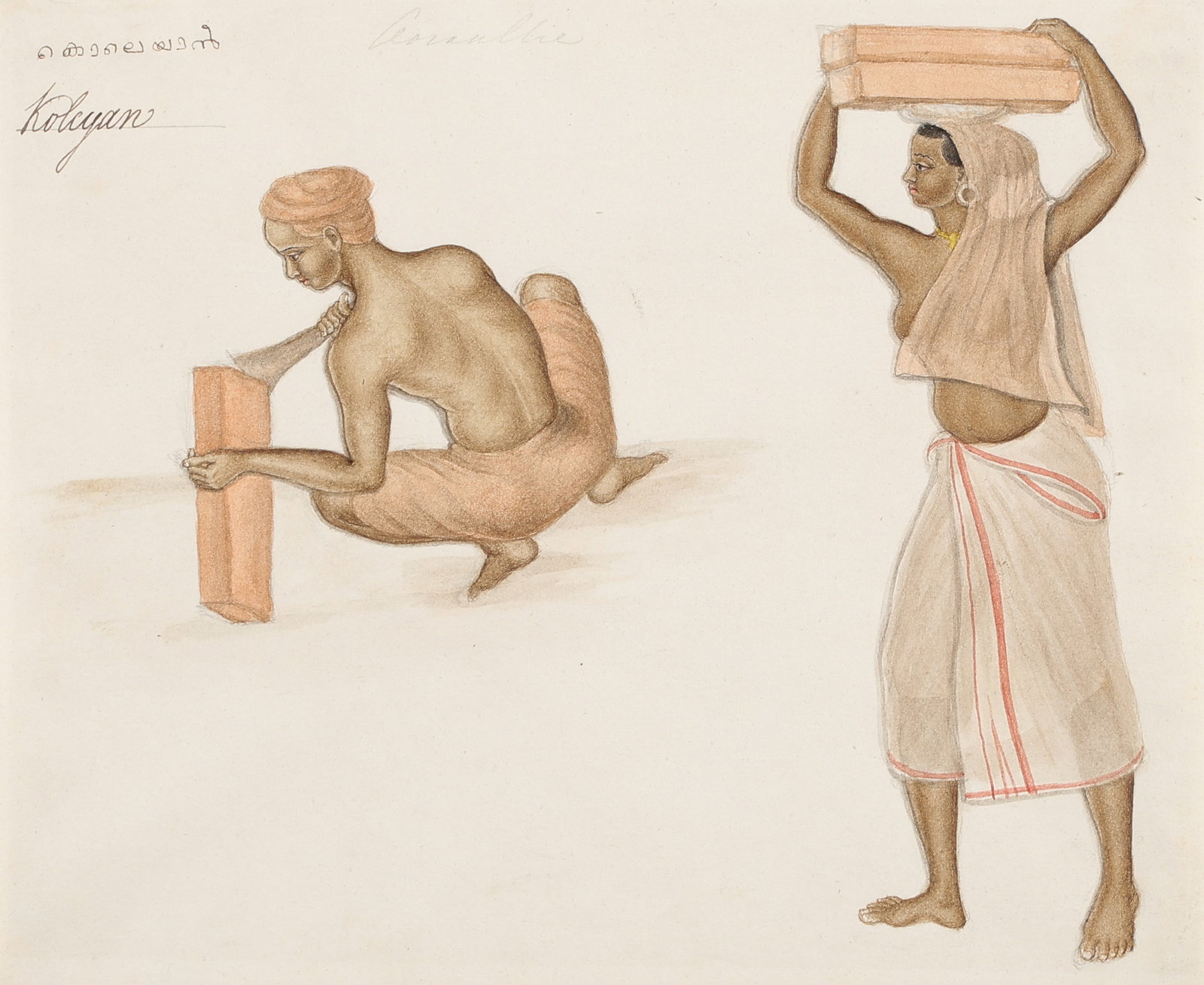 Indian Company School Miniature Painting "Koleyan," South India (Malabar), Early-Mid 19th C.: Indian Company School Miniature Painting "Koleyan," South India (Malabar), . Opaque watercolor on paper, titled in Tamil and English. Depicting a lady carrying colored sandstone blocks on her head, we