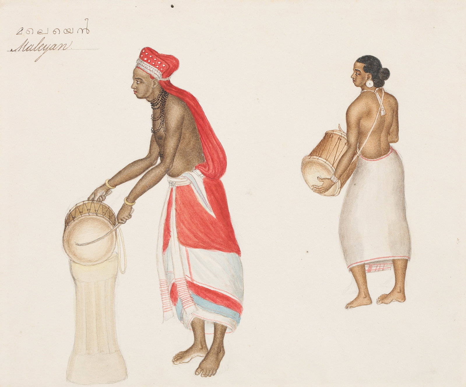 Indian Company School Painting Of Musicians "Maleyan," South India (Malabar), Early-Mid 19th C.: Indian Company School Painting Of Musicians "Maleyan," South India (Malabar), Early-Mid 19th C. Trades and Occupations of India. Opaque watercolor on paper, titled in Tamil and English. "A musician we