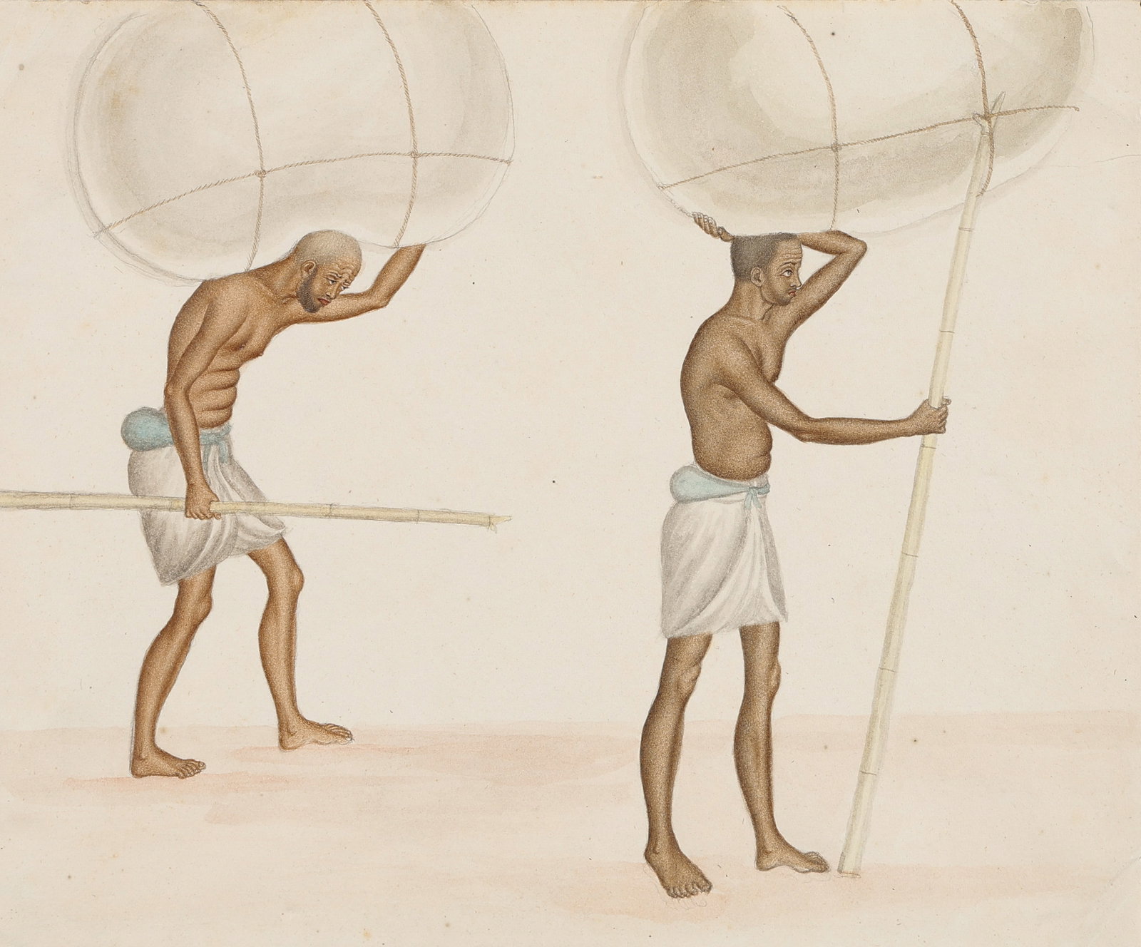 Indian Company School Painting Of Workers, South India (Malabar), Early-Mid 19th C.: Indian Company School Painting Of Workers, South India (Malabar), Early-Mid 19th C. Trades and Occupations of India. Opaque watercolor on paper. On mat. Size: 7.25'' x 9'', 18 x 23 cm (sheet); 12.5'' 