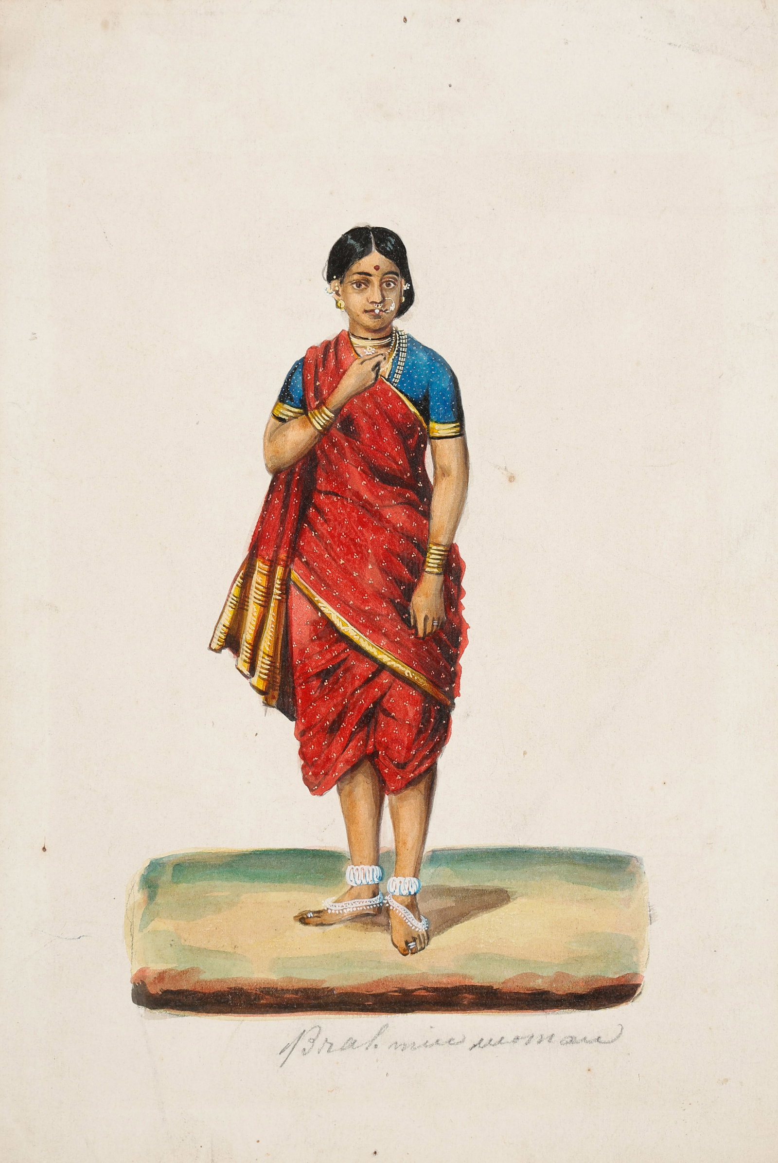 Indian Company School Miniature Painting, Study Of A Brahmin Woman, 19th C.: Indian Company School Miniature Painting, Study Of A Brahmin Woman, 19th C. Opaque watercolor on paper, titled in English. On mat. Size: 10'' x 6.75'', 25 x 17 cm (sheet); 13.75'' x 11.25'', 35 x 29 c