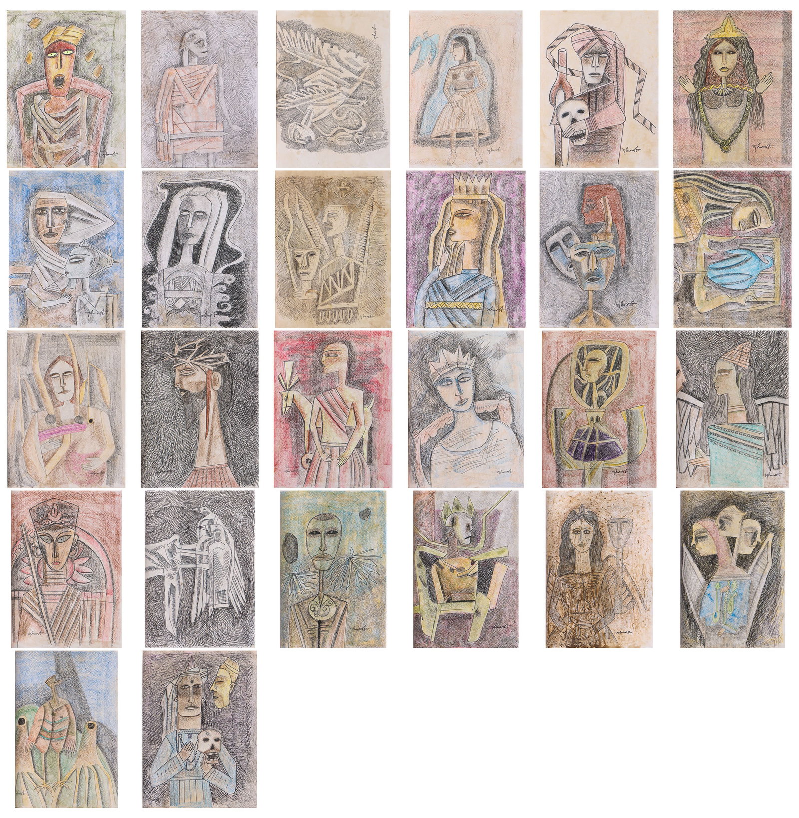 Ganesh Pyne (Indian, 1937-2013) Album Of 26 Pastel Drawings, 28" x 22": Ganesh Pyne (Indian, 1937-2013) Album Of 26 Pastel Drawings, each signed. Bound album Size: 28'' x 22.5'' x .5'' (71 x 57 x 1 cm).