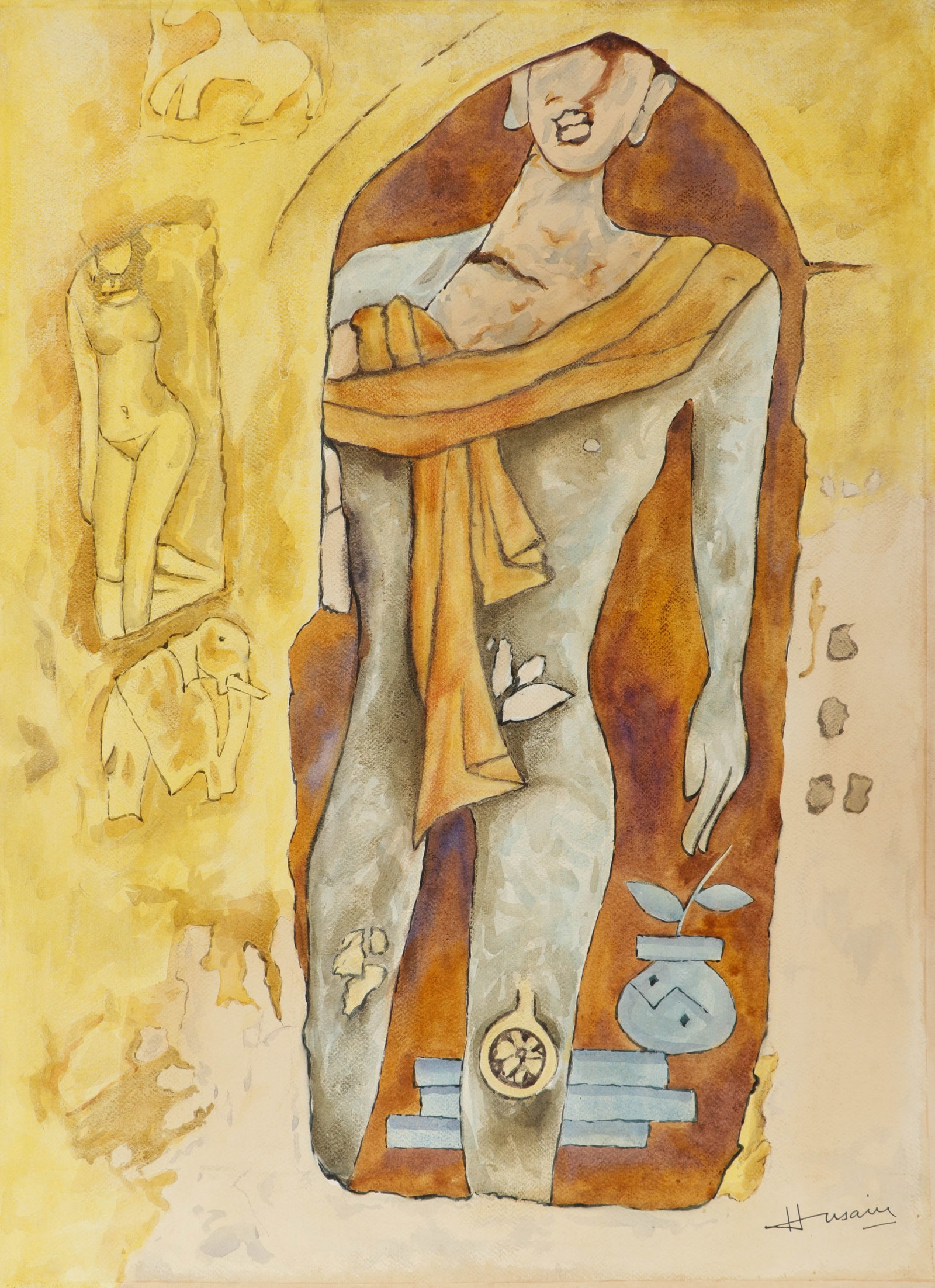 Maqbool Fida Husain (Indian, 1915-2011) Watercolor Painting, 30" x 22": Maqbool Fida Husain (Indian, 1915-2011) Untitled, watercolor painting on paper, signed. Unframed. Size: 30'' x 22'', 76 x 56 cm (sheet).