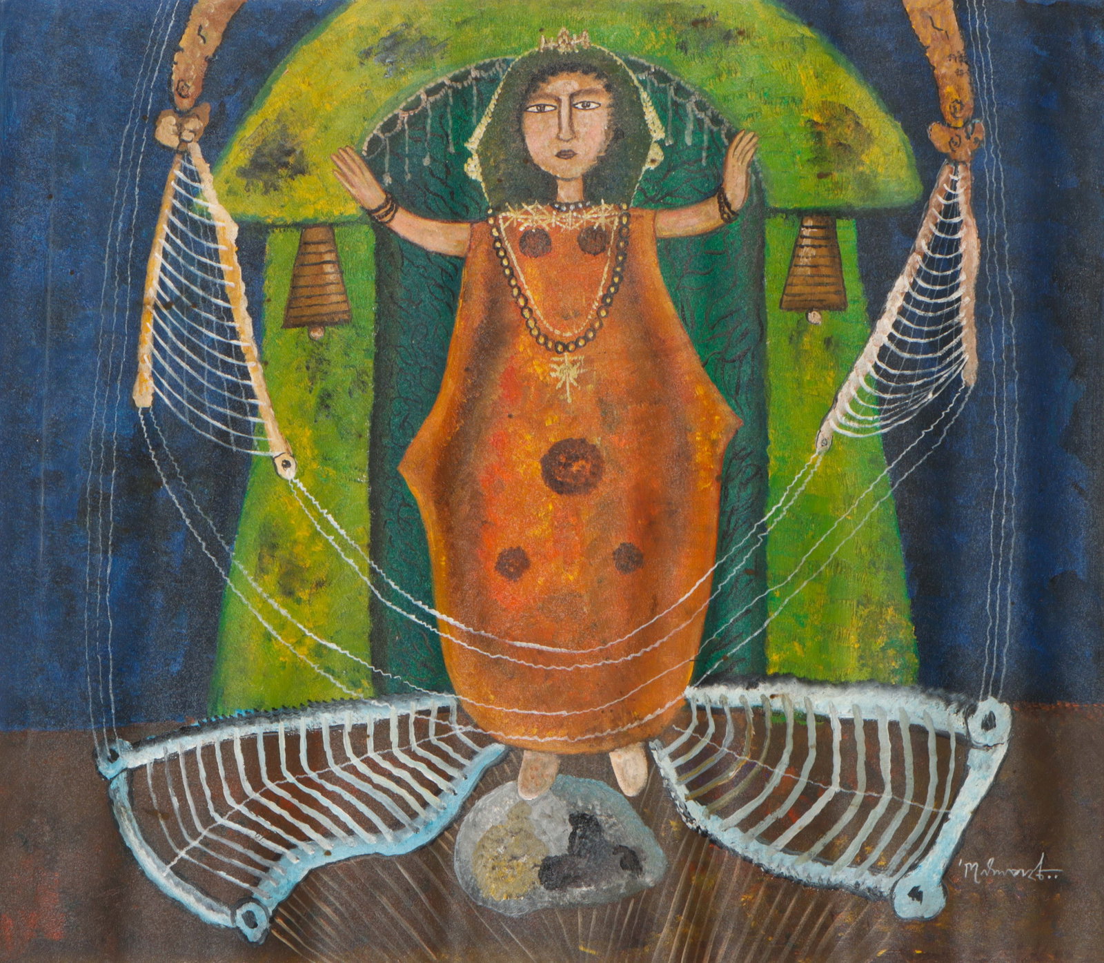 Ganesh Pyne (Indian, 1937-2013) Oil Painting, 34" x 39": Ganesh Pyne (Indian, 1937-2013) Untitled, oil painting on unstretched canvas, signed. Unframed. Size: 34'' x 39'' (86 x 99 cm).