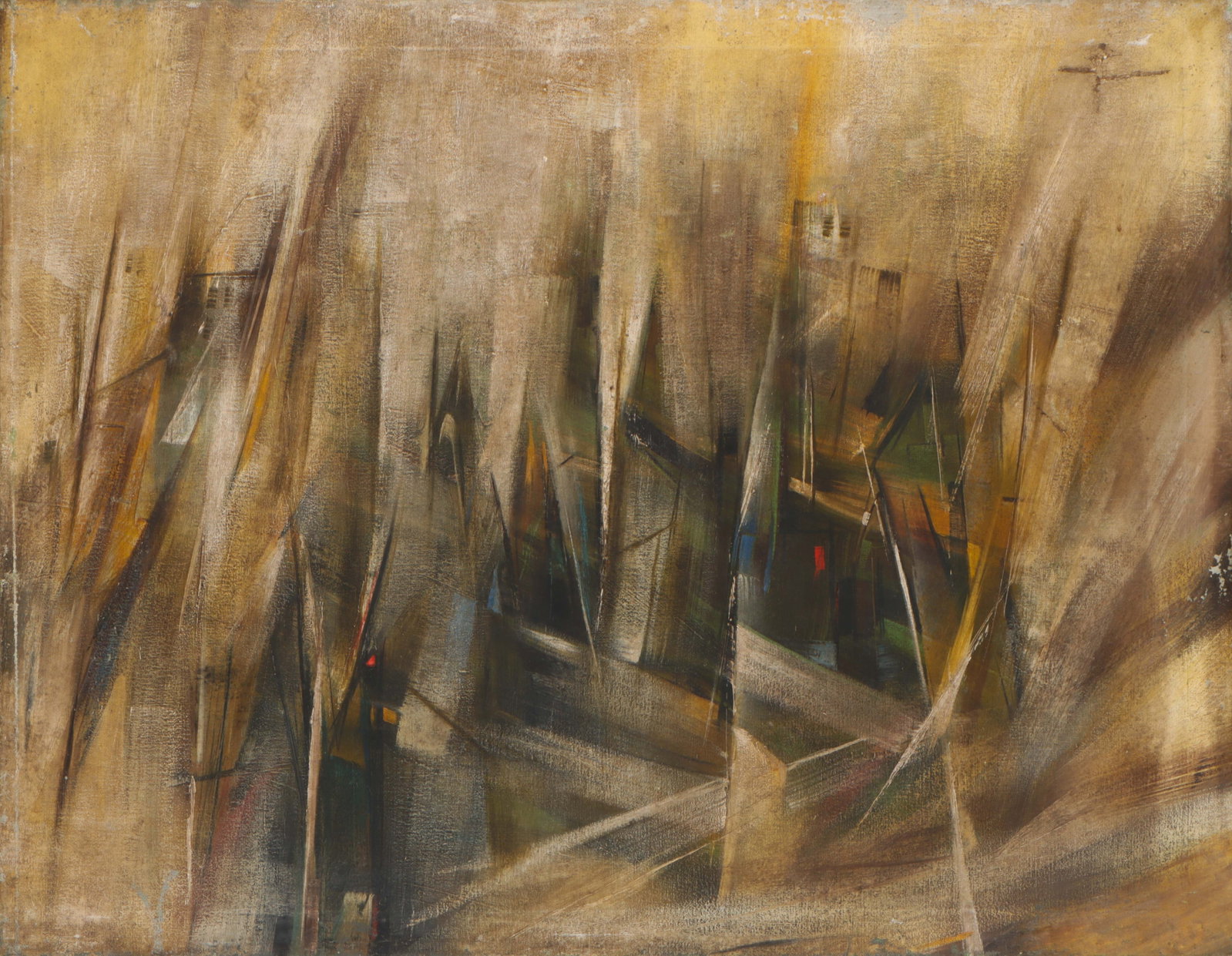 Nasreen Mohamedi (Indian, 1937-1990) Oil Painting, 36" x 46": Nasreen Mohamedi (Indian, 1937-1990) Untitled, 1960, oil painting on unstretched canvas, signed and dated on verso. Unframed. Size: 36'' x 46'' (91 x 117 cm).