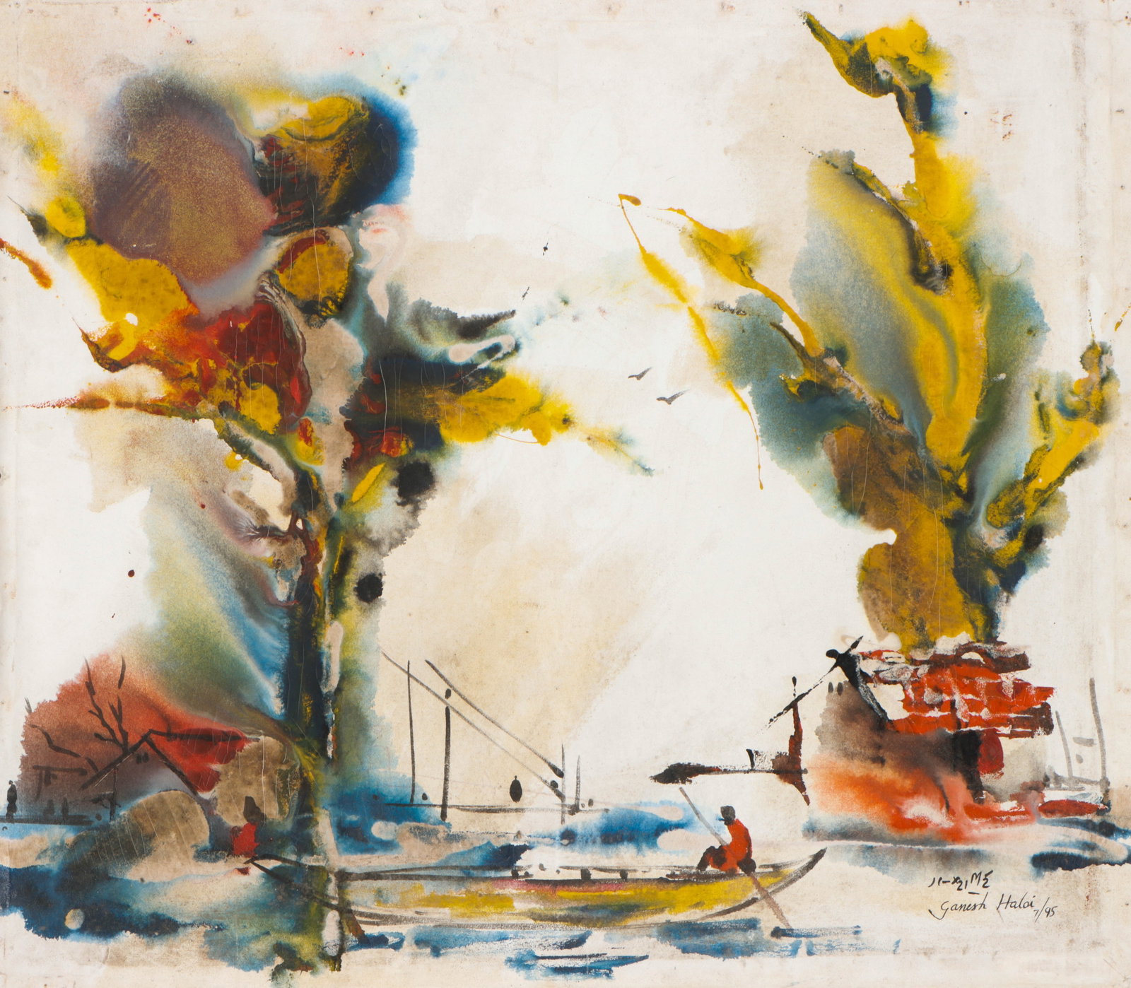 Ganesh Haloi (Indian, b. 1936) Oil Painting, 37" x 42": Ganesh Haloi (Indian, b. 1936) Untitled, painting on unstretched canvas, signed and dated. Unframed. Size: 37'' x 42'' (94 x 107 cm).