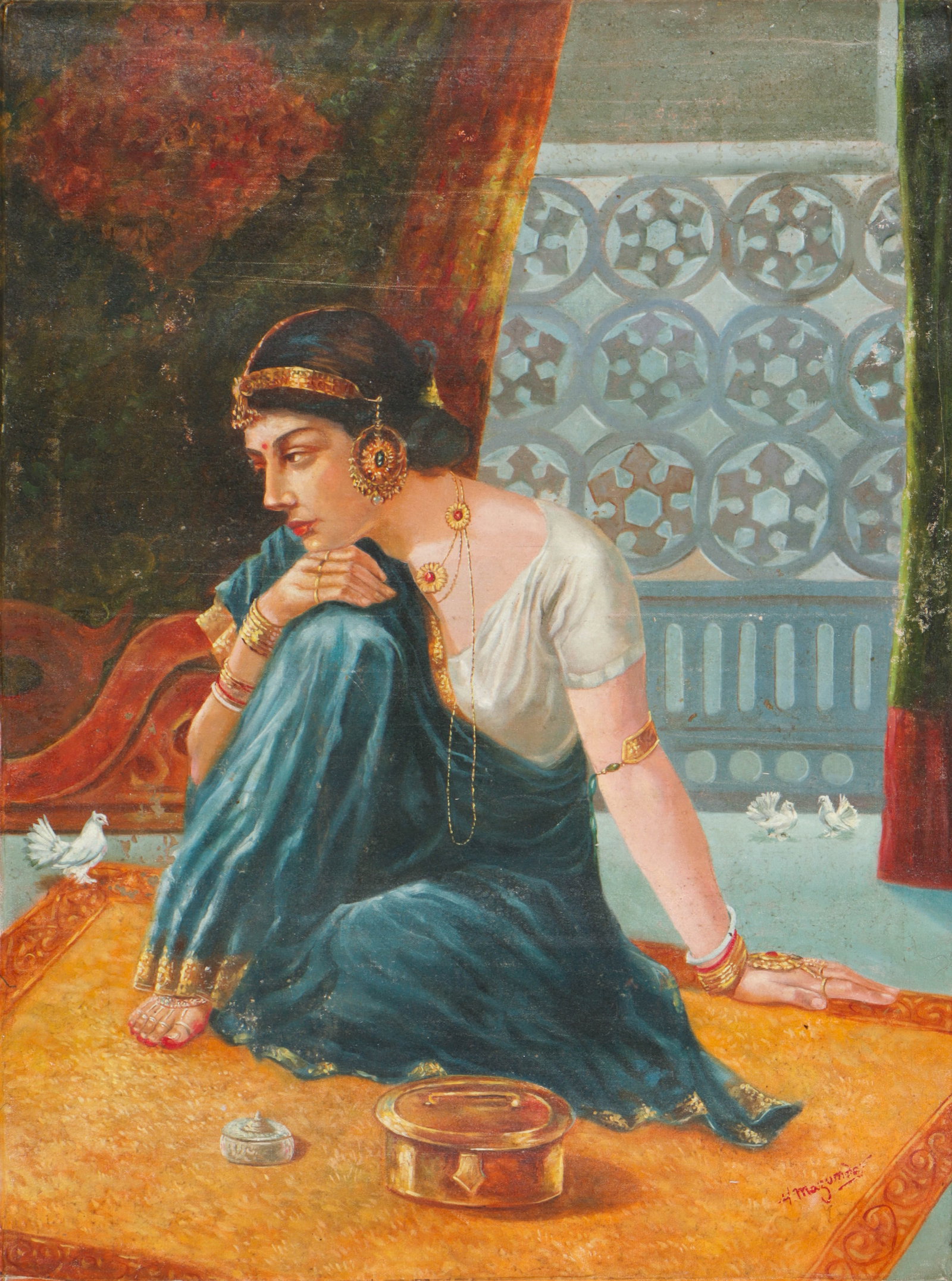 Hemendranath Mazumdar (Indian, 1894-1948) Oil Painting, 40" x 30": Hemendranath Mazumdar (Indian, 1894-1948) Untitled, oil painting on unstretched canvas, signed. Unframed. Size: 40'' x 30'' (102 x 76 cm).