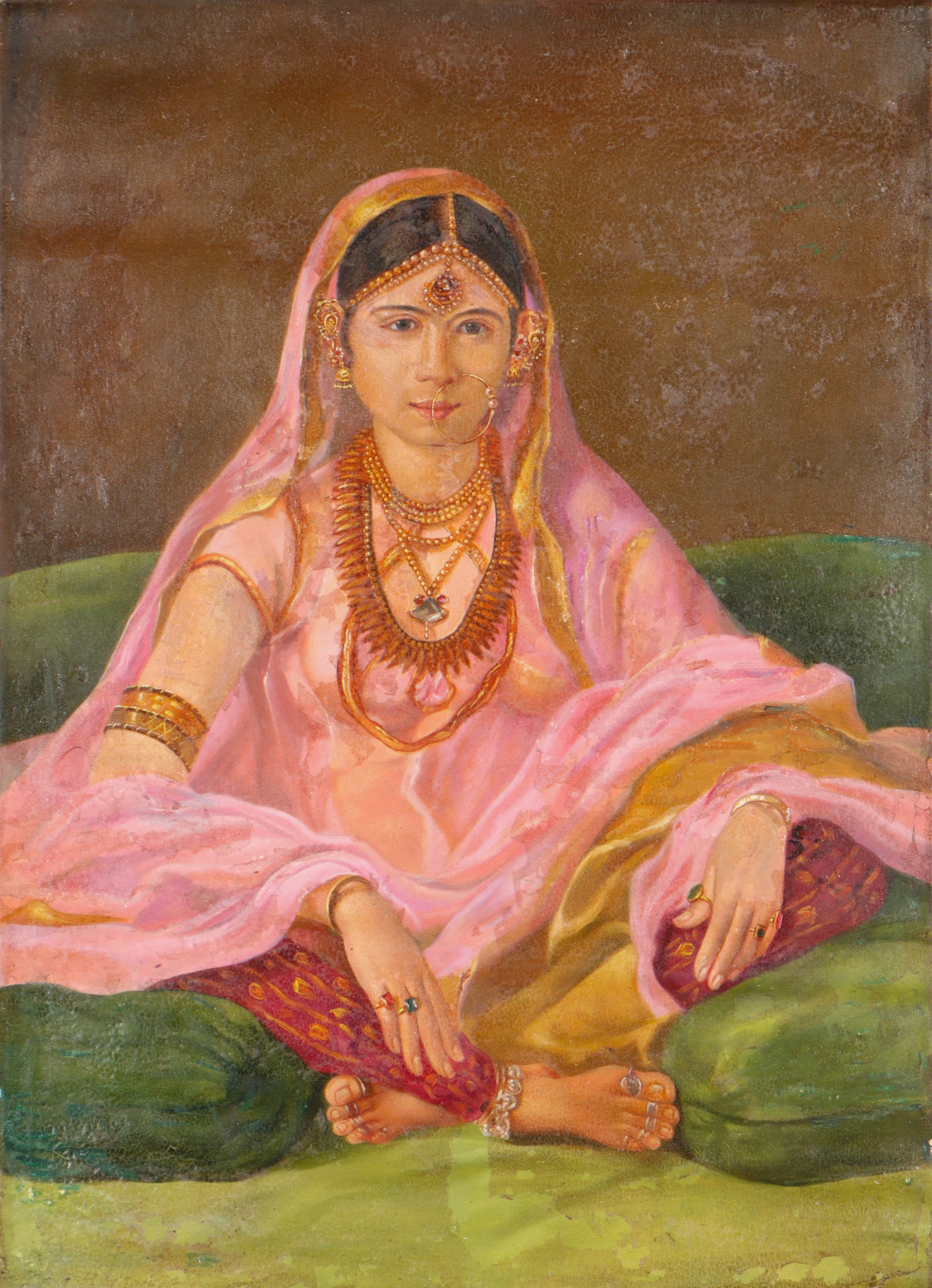 Anglo-Indian Portrait Of A Mughal Lady, 40" x 29": Anglo-Indian Portrait, Circle of Francesco Renaldi (British, 1755-1798) "Mughal Lady Seated In an Interior," oil painting on unstretched canvas. Unframed. Size: 40'' x 29'' (102 x 74 cm). In 1786, Ren