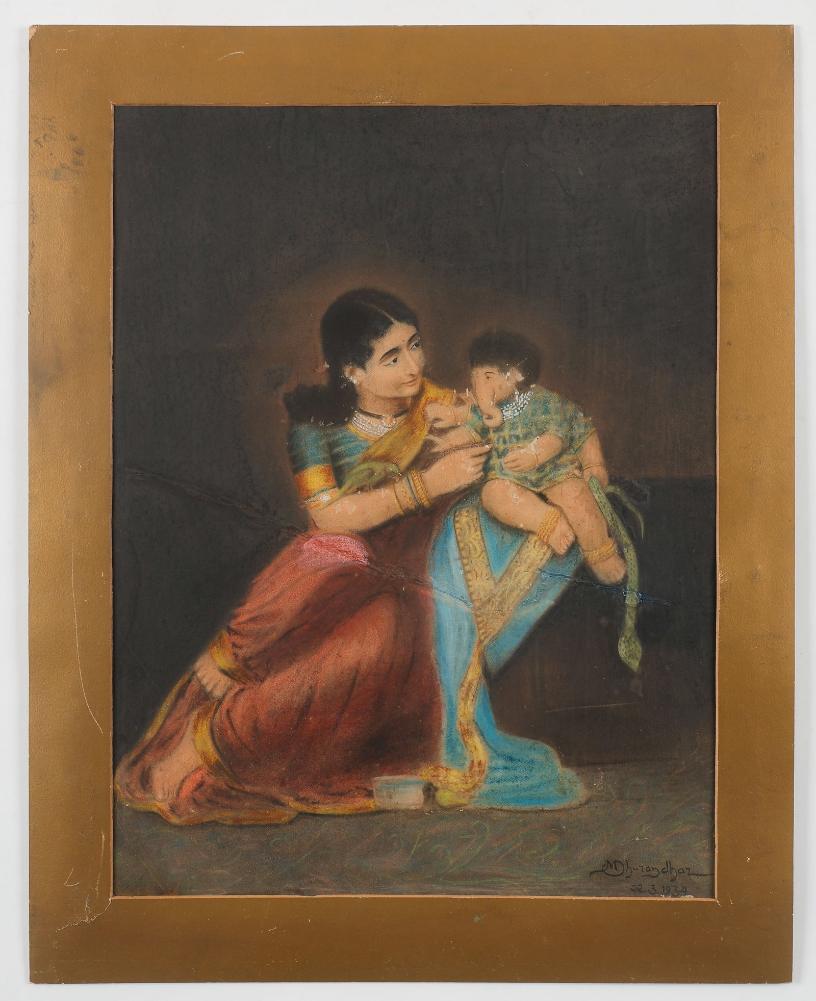 Mahadev Vishwanath Dhurandhar (Indian, 1867-1944) Pastel, 20" x 16": Mahadev Vishwanath Dhurandhar (Indian, 1867-1944) Parvati with the Infant Ganesha, 1934, pastel on board, signed and dated. Unframed. Size: 20.5'' x 15.5'', 52 x 39 cm (image); 25'' x 20'', 64 x 51 cm
