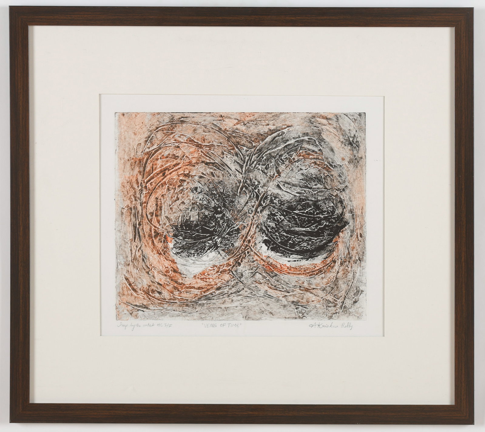 Krishna Reddy (Indian, 1925-2018) Etching, Veins of Time: Krishna Reddy (American, born India, 1925-2018) "Veins Of Time," etching, signed, titled; inscribed and numbered: "Imp by the artist H.C. I/V." Framed. Size: 11.75'' x 14.25'', 30 x 36 cm (plate); 23.