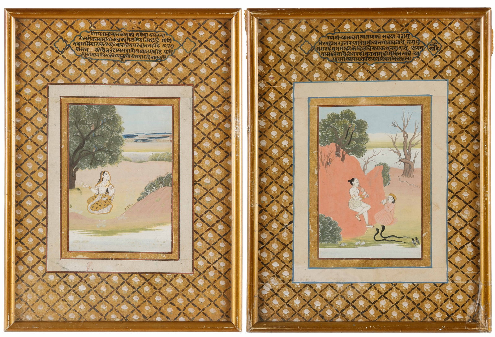 Indian Miniature Painting of A Snake Charmer Taming Cobras, Jaipur, Late 18th-Early 19th C.: Indian Miniature Painting of Snake Charmers Taming Cobras, Jaipur, Late 18th-Early 19th C. Together with another painting. Opaque watercolor and gold on paper, depicting a youthful ascetic snake-charm