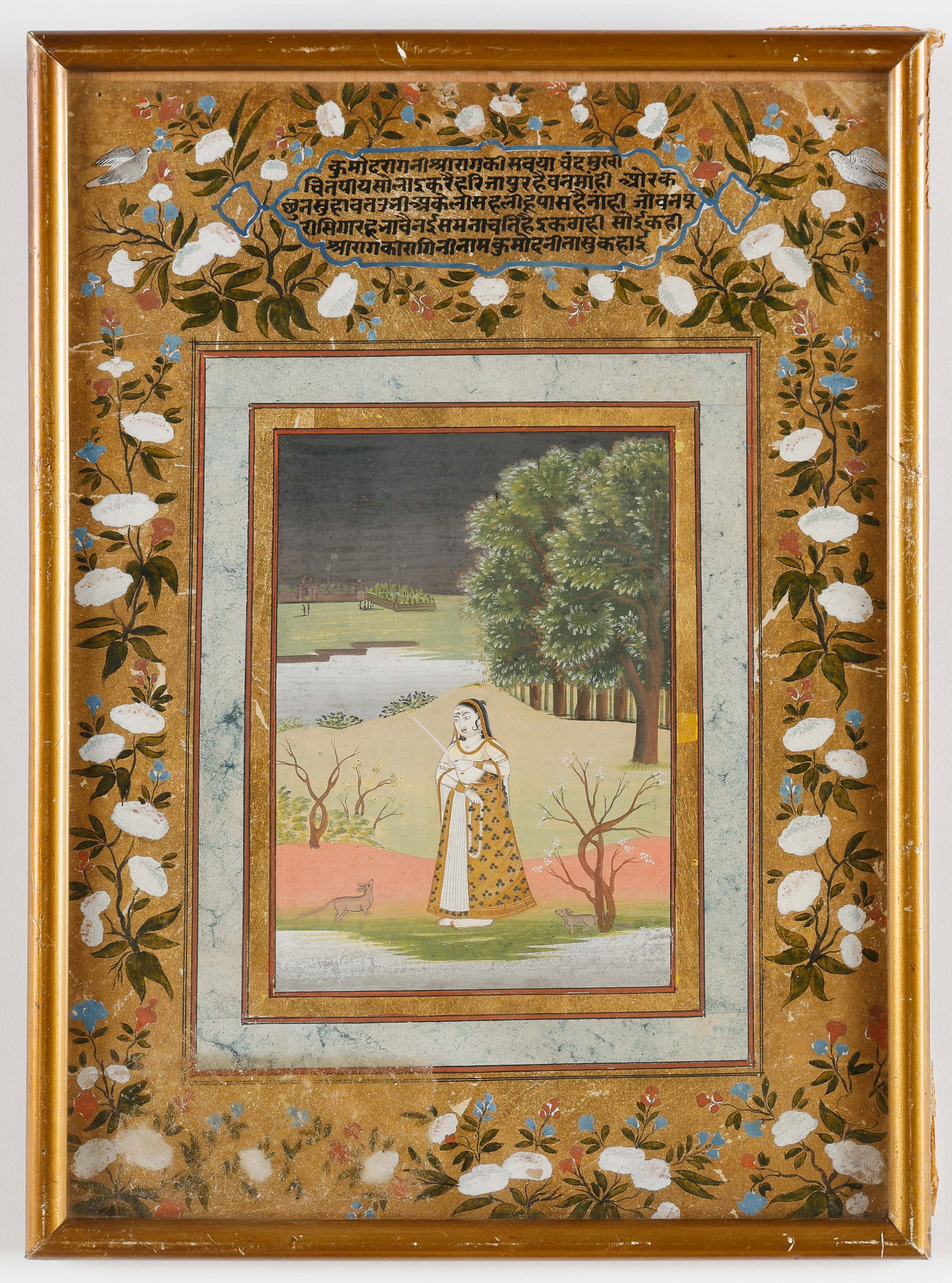 Fine Jaipur School Rajput Miniature Painting of a Noblewoman, Inscribed Poetic Verse, Late: Fine Jaipur School Rajput Miniature Painting of a Noblewoman, Inscribed Poetic Verse, Late 18th-Early 19th C. Opaque watercolor and gold on paper, with floral-decorated borders and Devanagari cartouch