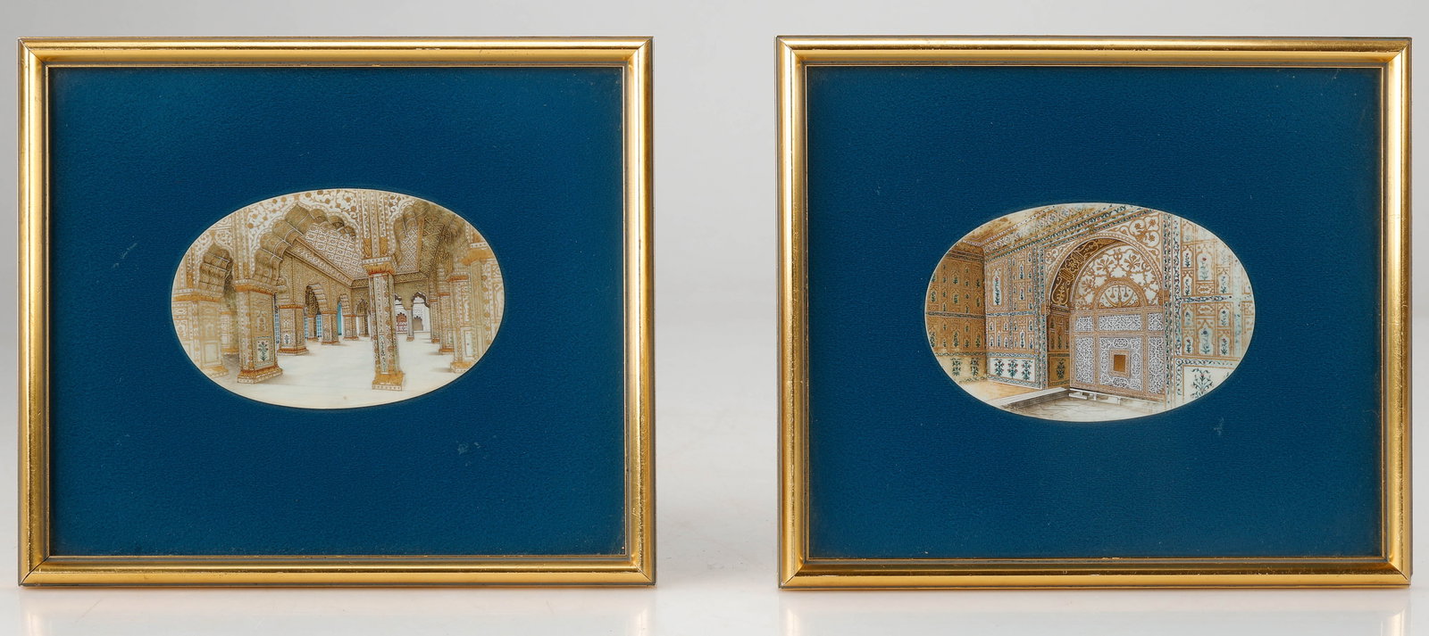 2 Indian Miniature Paintings Of the Interior of The Red Fort of Old Delhi,: Audience Hall (Diwan-i-Khas) and the Khas Mahal or the Khwabgah area in the Red Fort of Old Delhi. Framed. Each Size: 3.25'' x 5'', 8 x 13 cm (image); 8.5'' x 9.75'', 22 x 25 cm (frame). Provenance: e