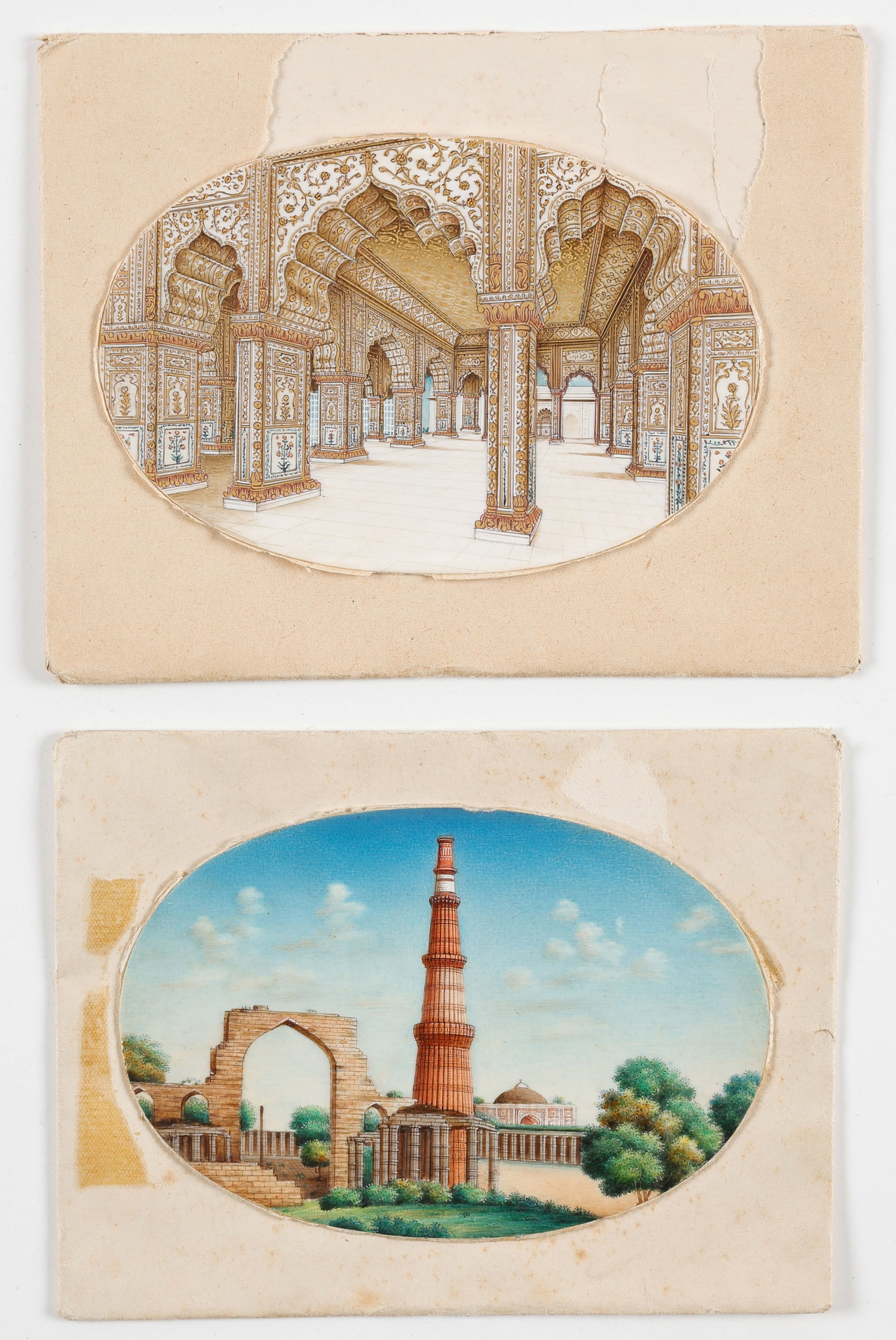 Antique Indian Miniature Paintings of The Qutb Minar, and The Audience Hall, Red Fort, 19th C.: Antique Indian Miniature Paintings of The Qutb Minar, and The Audience Hall, Red Fort, 19th C. Size: 3.25'' x 5'' (8 x 13 cm). Provenance: ex collection of Mr. P.O. Cheryan, Chevy Chase, MD.